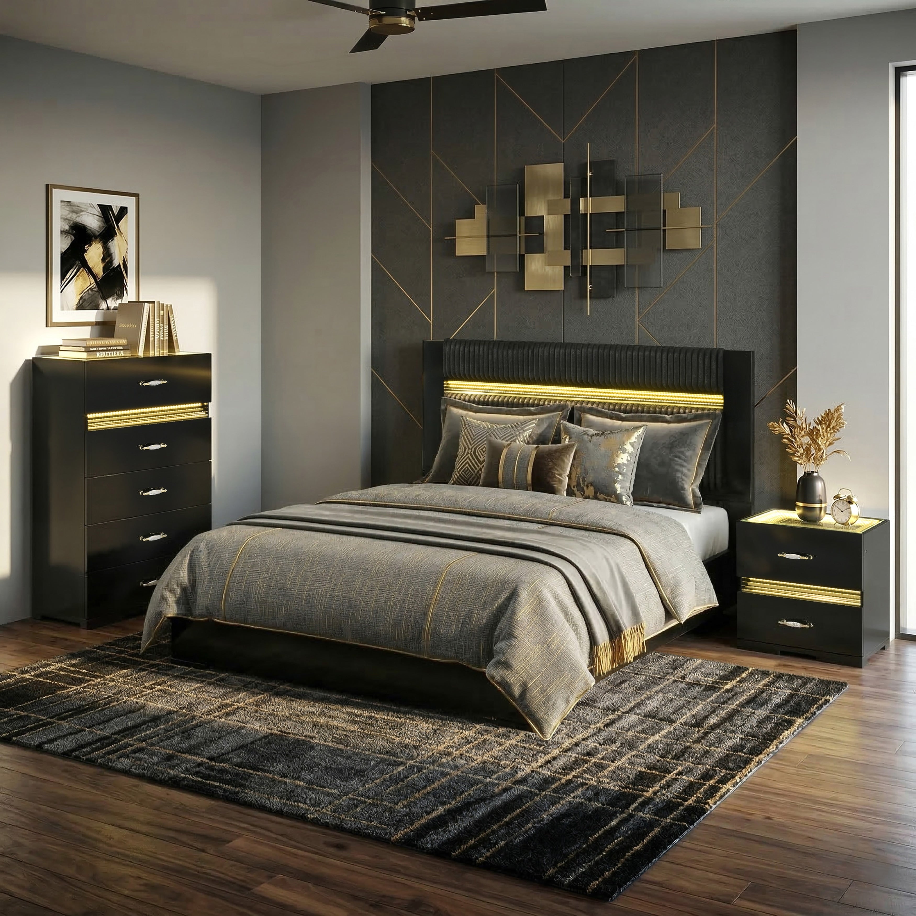 Furniture Of America Saven Modern 3 Piece Black Solid Wood Platform Bedroom Set With Led Light