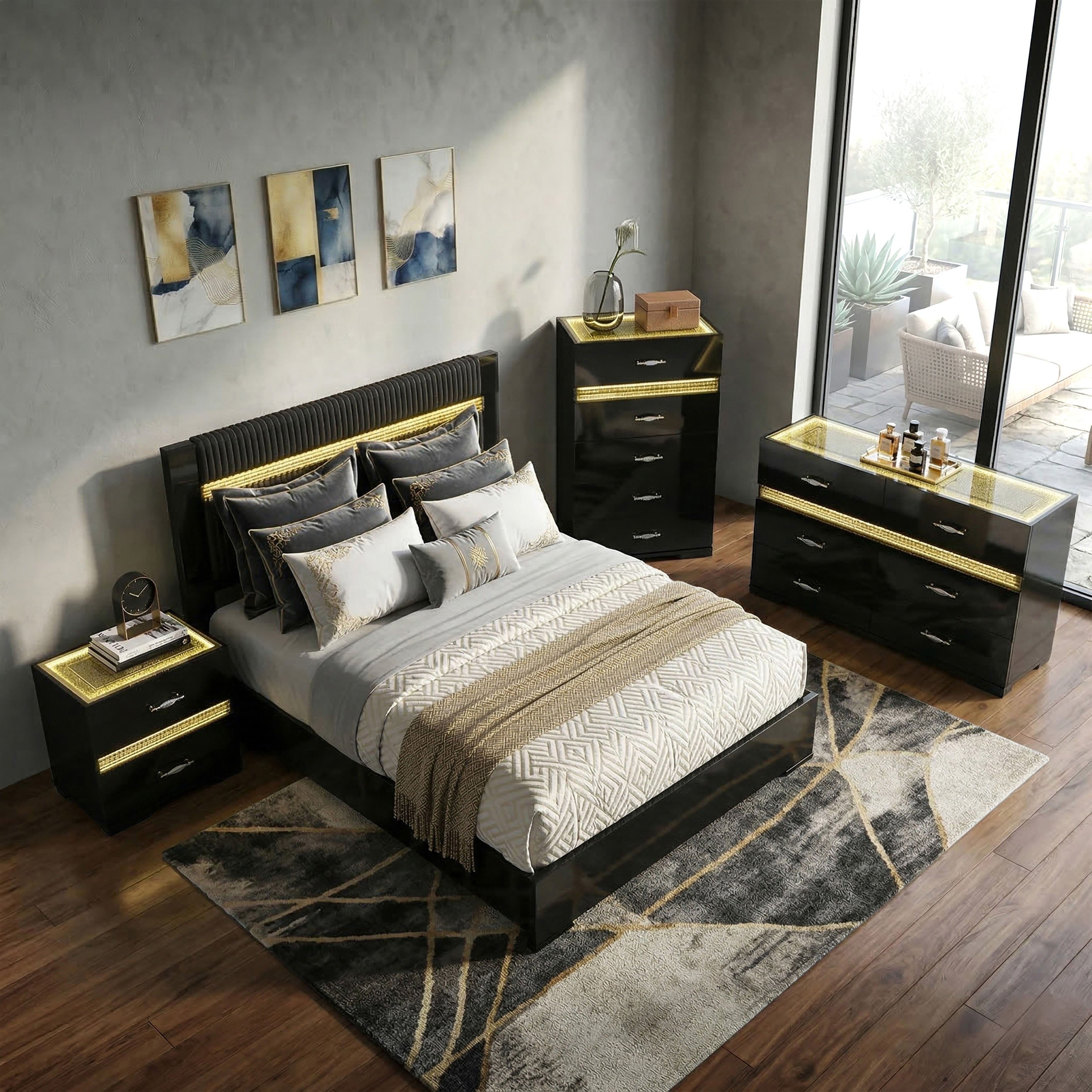 Furniture Of America Saven Modern 4 Piece Black Solid Wood Bedroom Set With Led Light