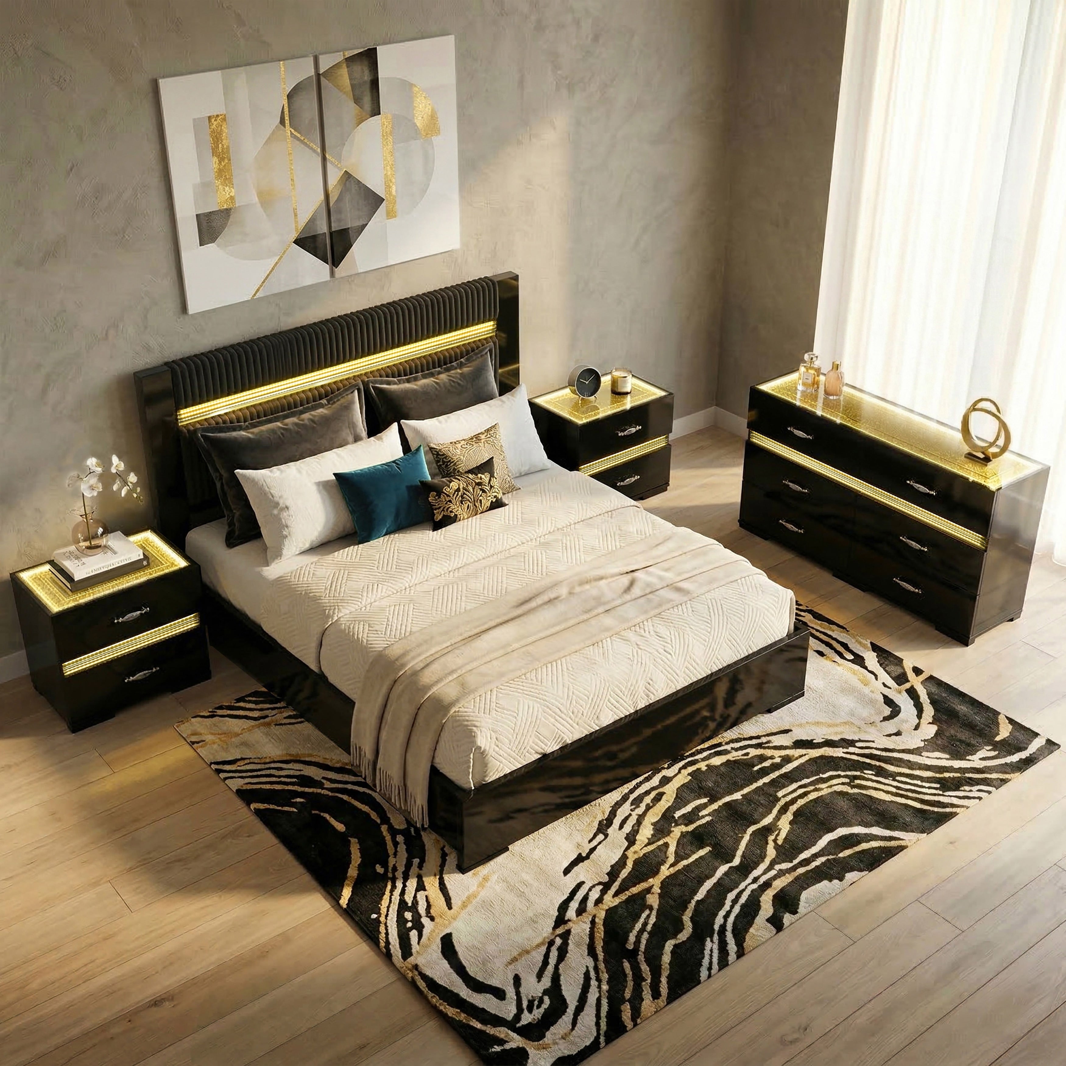 Furniture Of America Saven Modern 4 Piece Black Solid Wood Led Light Bedroom Set With Dresser And 2 Nightstands