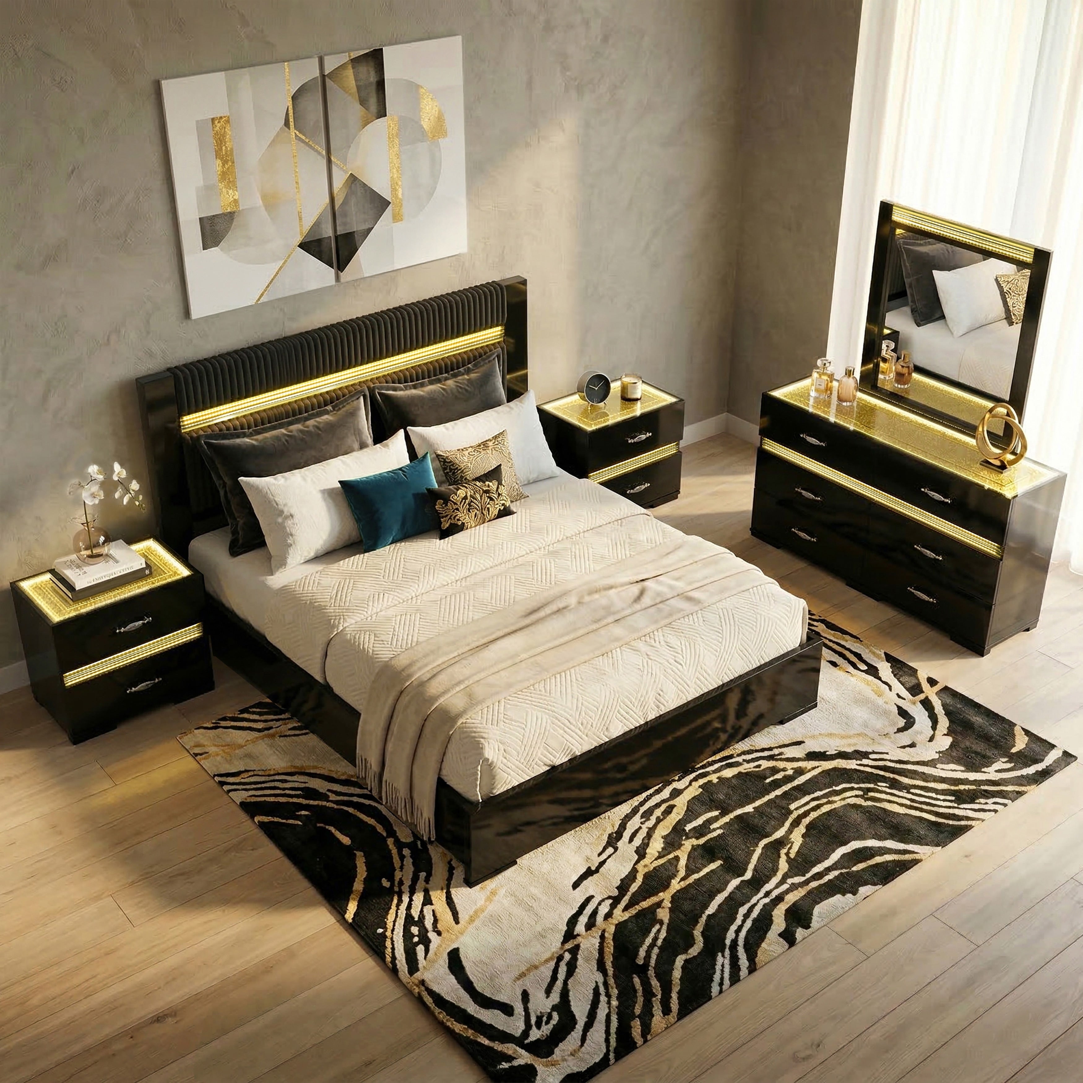 Furniture Of America Saven Modern 5 Piece Black Solid Wood Bedroom Set With Led Light