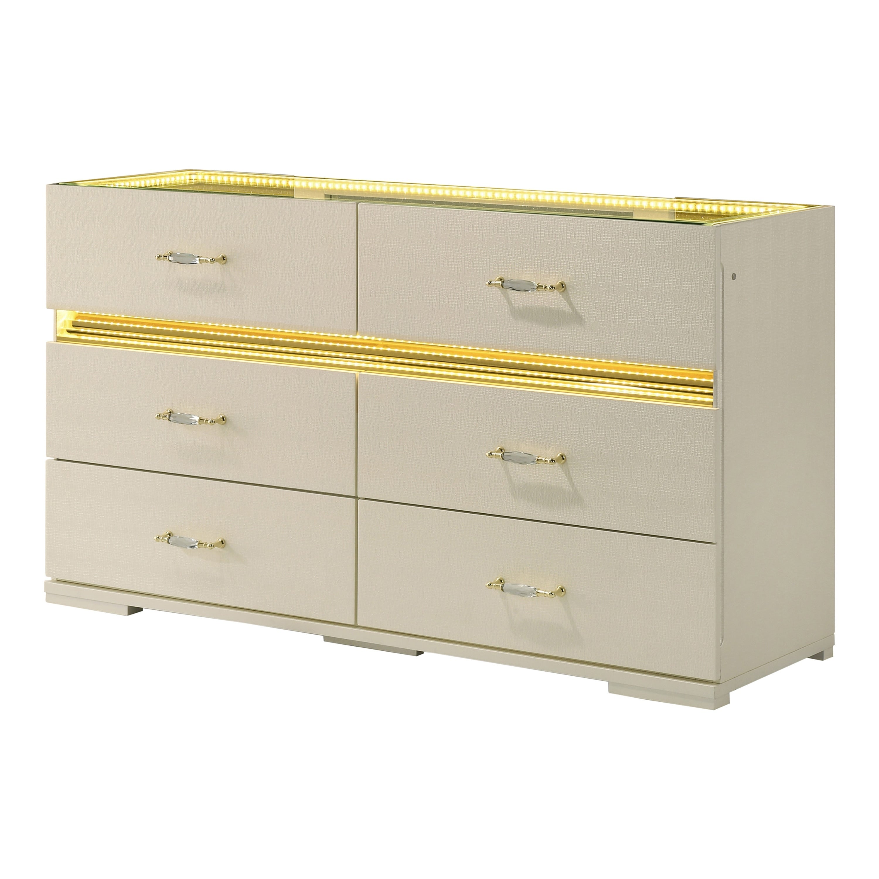 Furniture Of America Saven Modern Beige Solid Wood 6 Drawer Dresser With Led Light