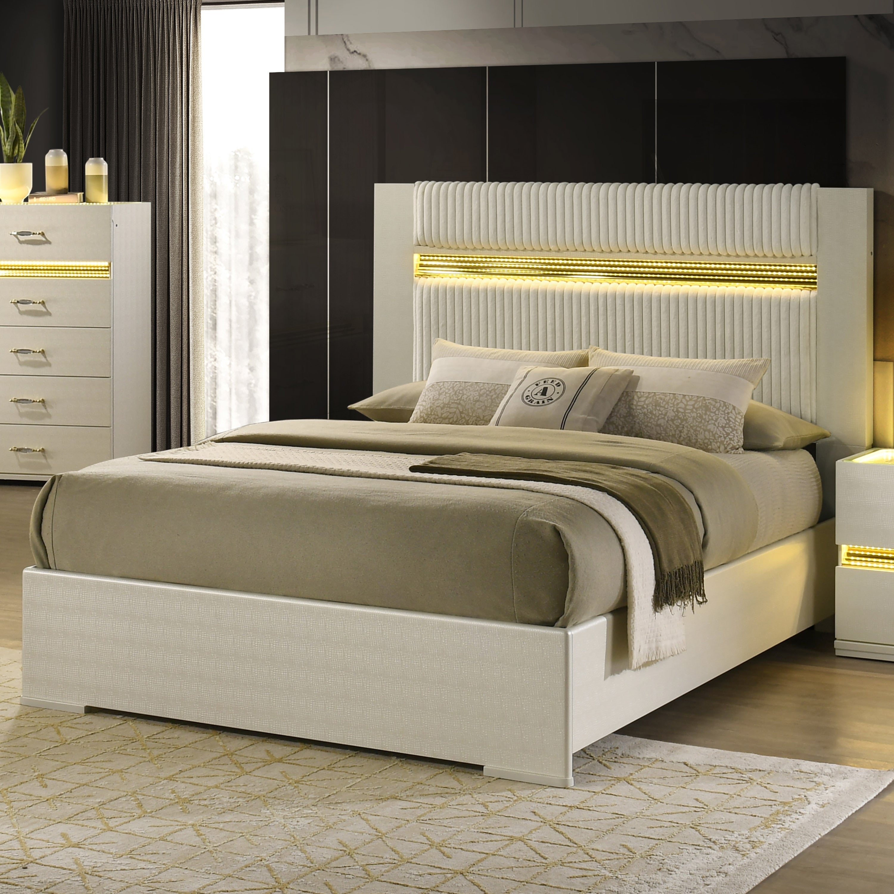 Furniture Of America Saven Modern Beige Solid Wood Platform Bed With Led Light And Padded Faux Fur Headboard