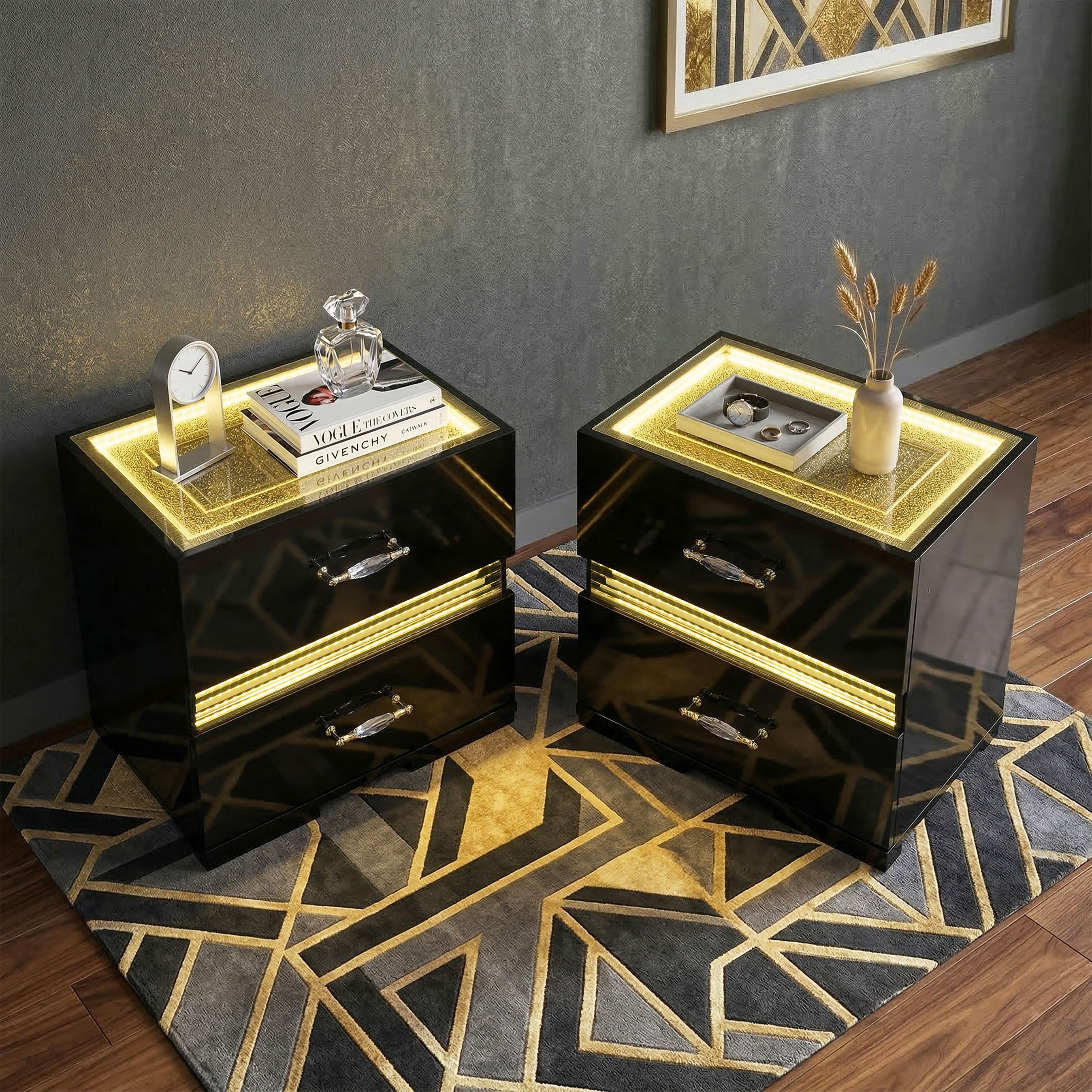 Furniture Of America Saven Modern Black Solid Wood 2 Drawer Nightstand With Led Light Set Of 2