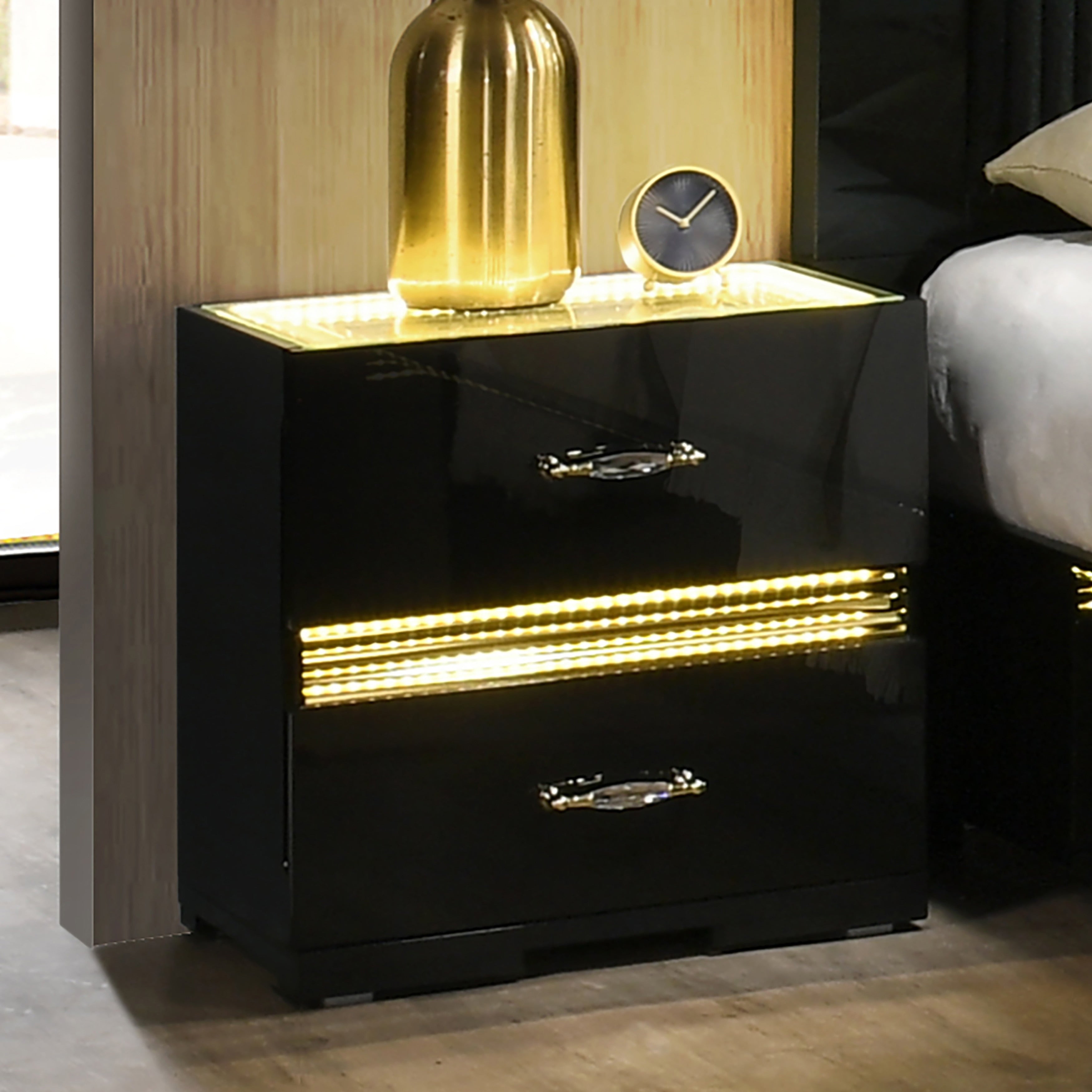 Furniture Of America Saven Modern Black Solid Wood 2 Drawer Nightstand With Led Light