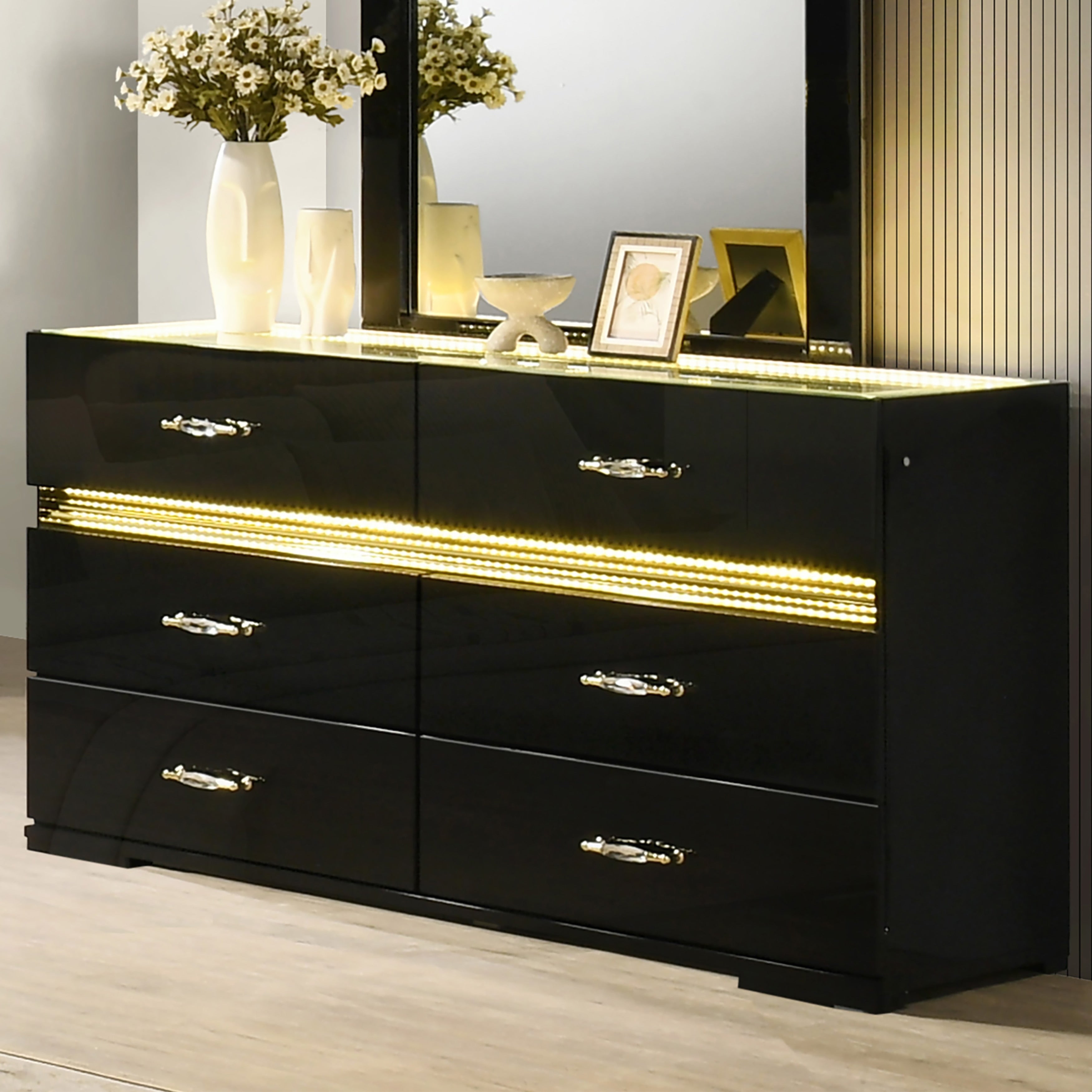Furniture Of America Saven Modern Black Solid Wood 6 Drawer Dresser With Led Light