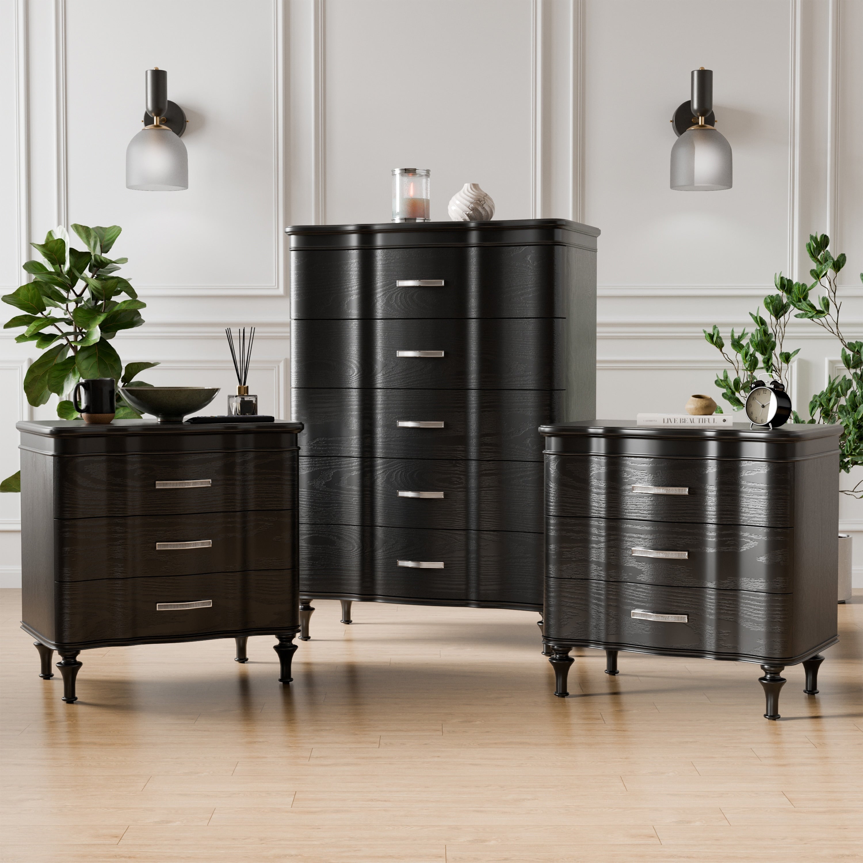 Furniture Of America Seabliss Glam 3 Piece Black Solid Wood Chest And 2 Nightstand Bedroom Set