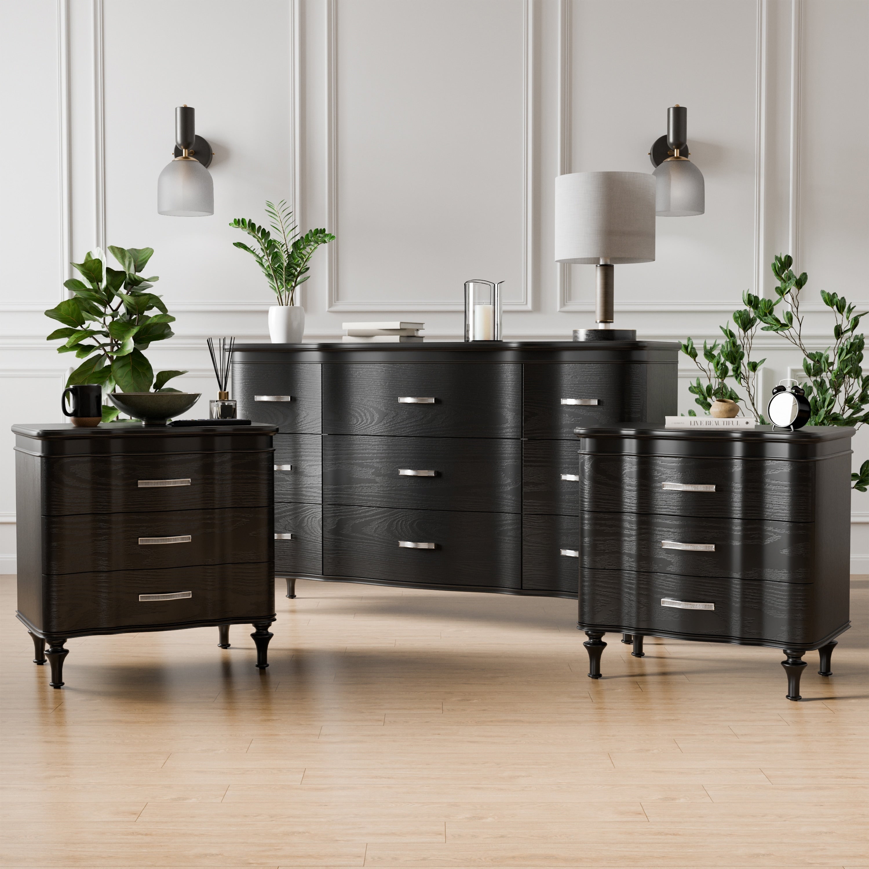 Furniture Of America Seabliss Glam 3 Piece Black Solid Wood Dresser And 2 Nightstand Bedroom Set