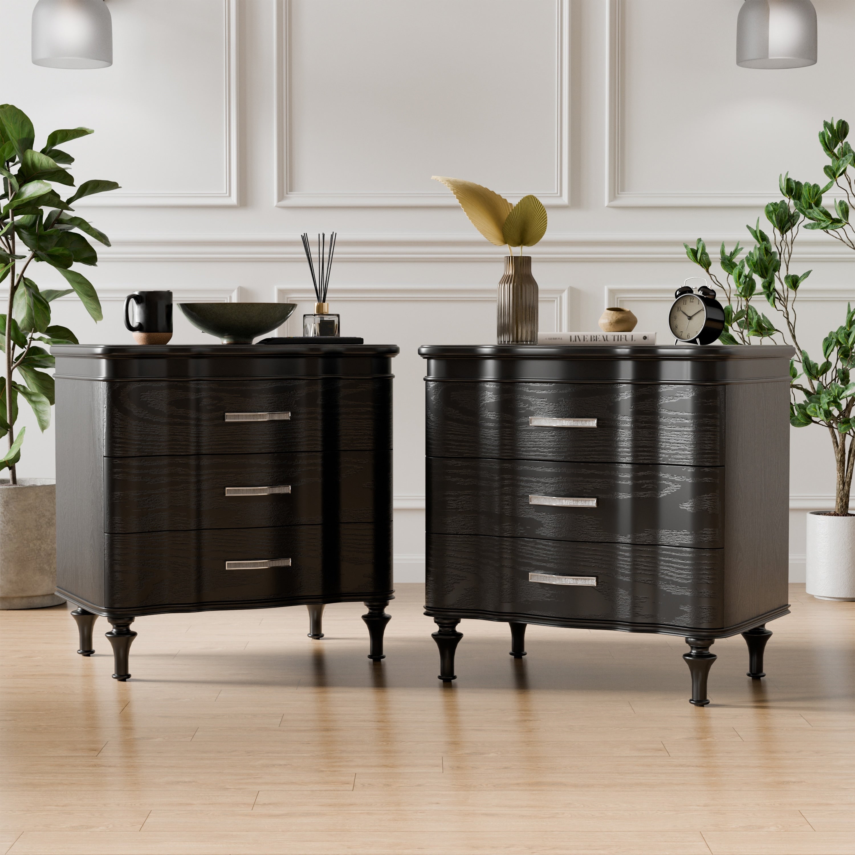 Furniture Of America Seabliss Glam Black Solid Wood 3 Drawer Nightstand Set Of 2