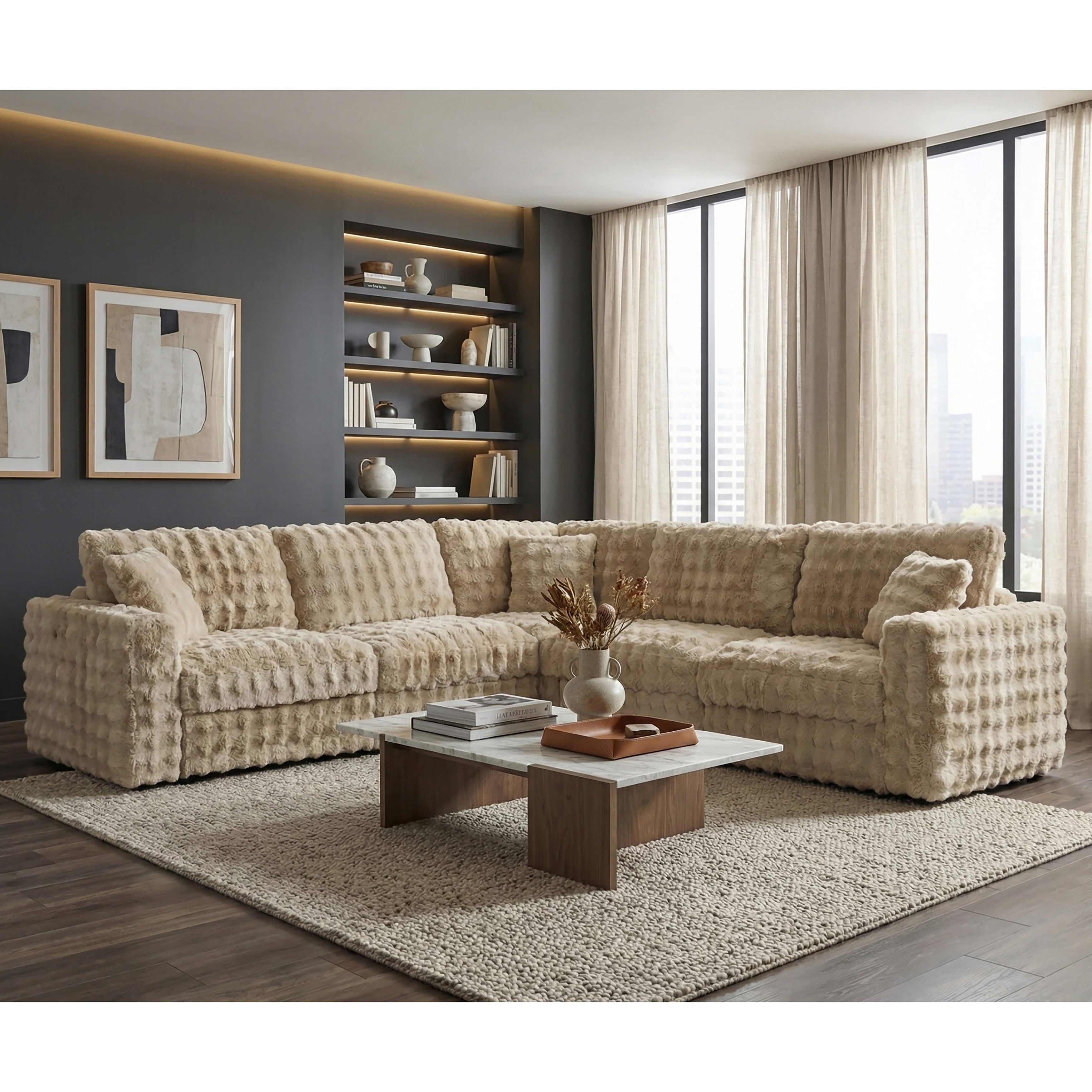 Furniture Of America Selne Modern Faux Fur Fabric Modular Sectional With Accent Pillows