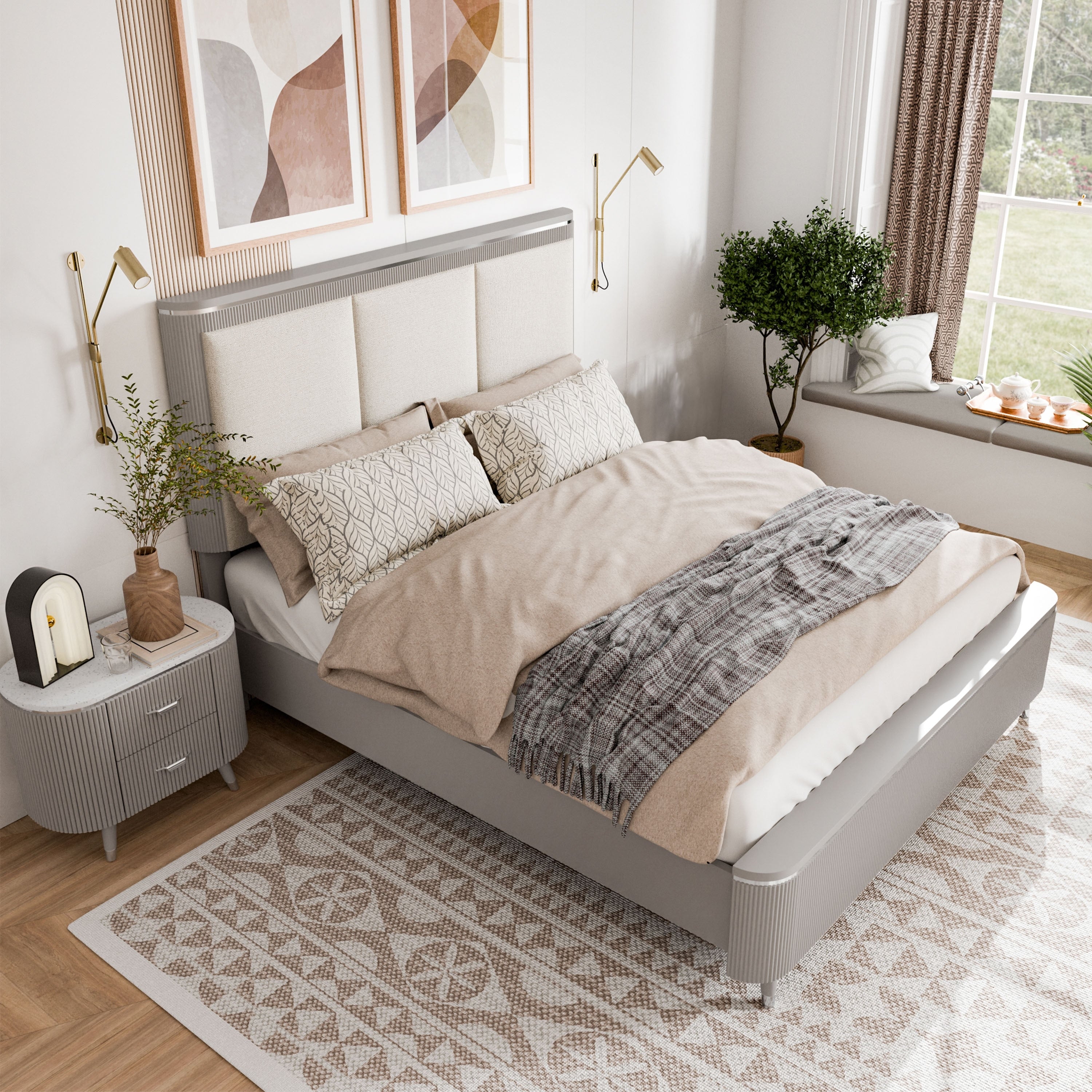 Furniture Of America Seraphine Modern 2 Piece Light Grey Solid Wood Panel Bedroom Set With Fluted Headboard
