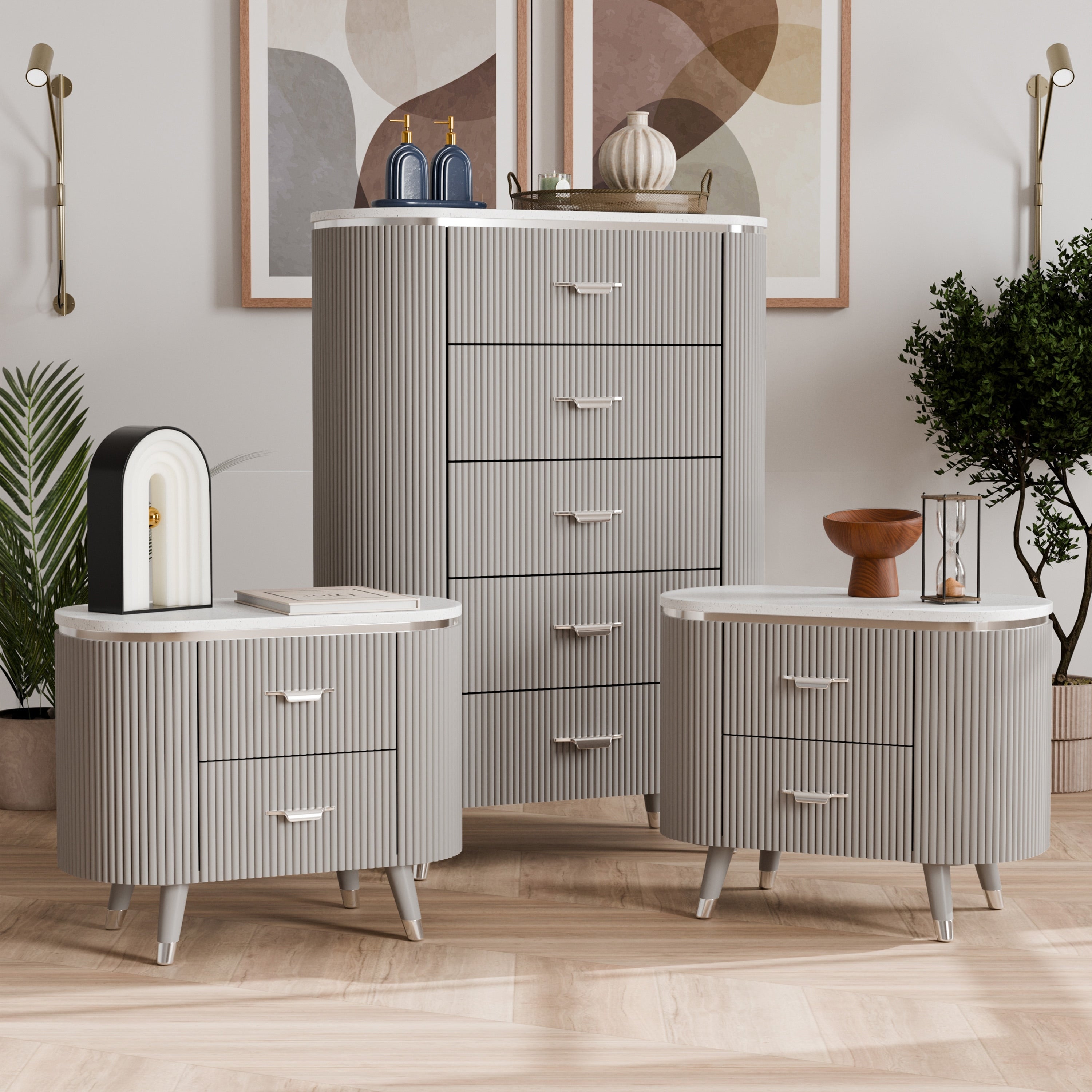 Furniture Of America Seraphine Modern 3 Piece Light Grey Solid Wood Chest And 2 Nightstand Bedroom Set