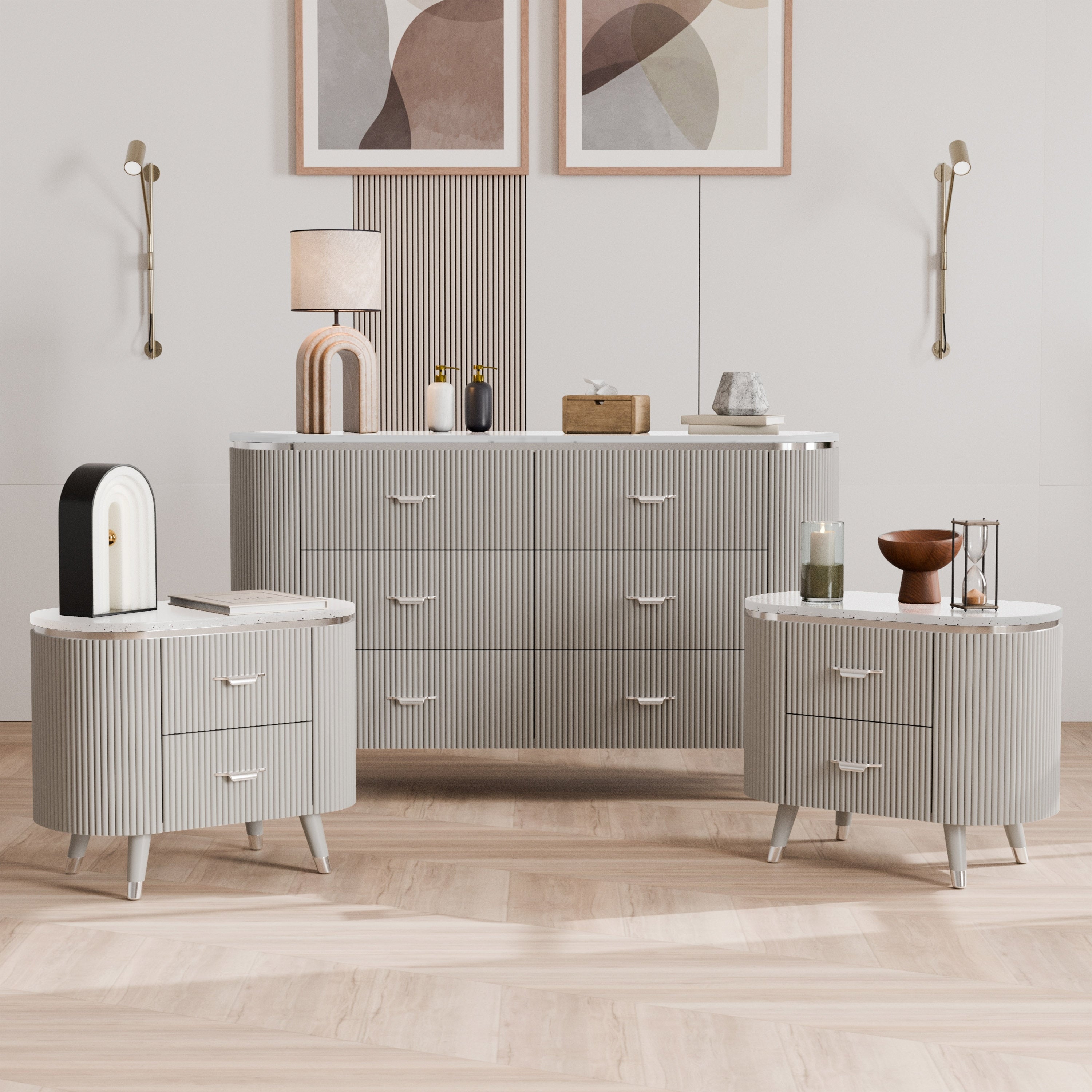 Furniture Of America Seraphine Modern 3 Piece Light Grey Solid Wood Dresser And 2 Nightstand Bedroom Set