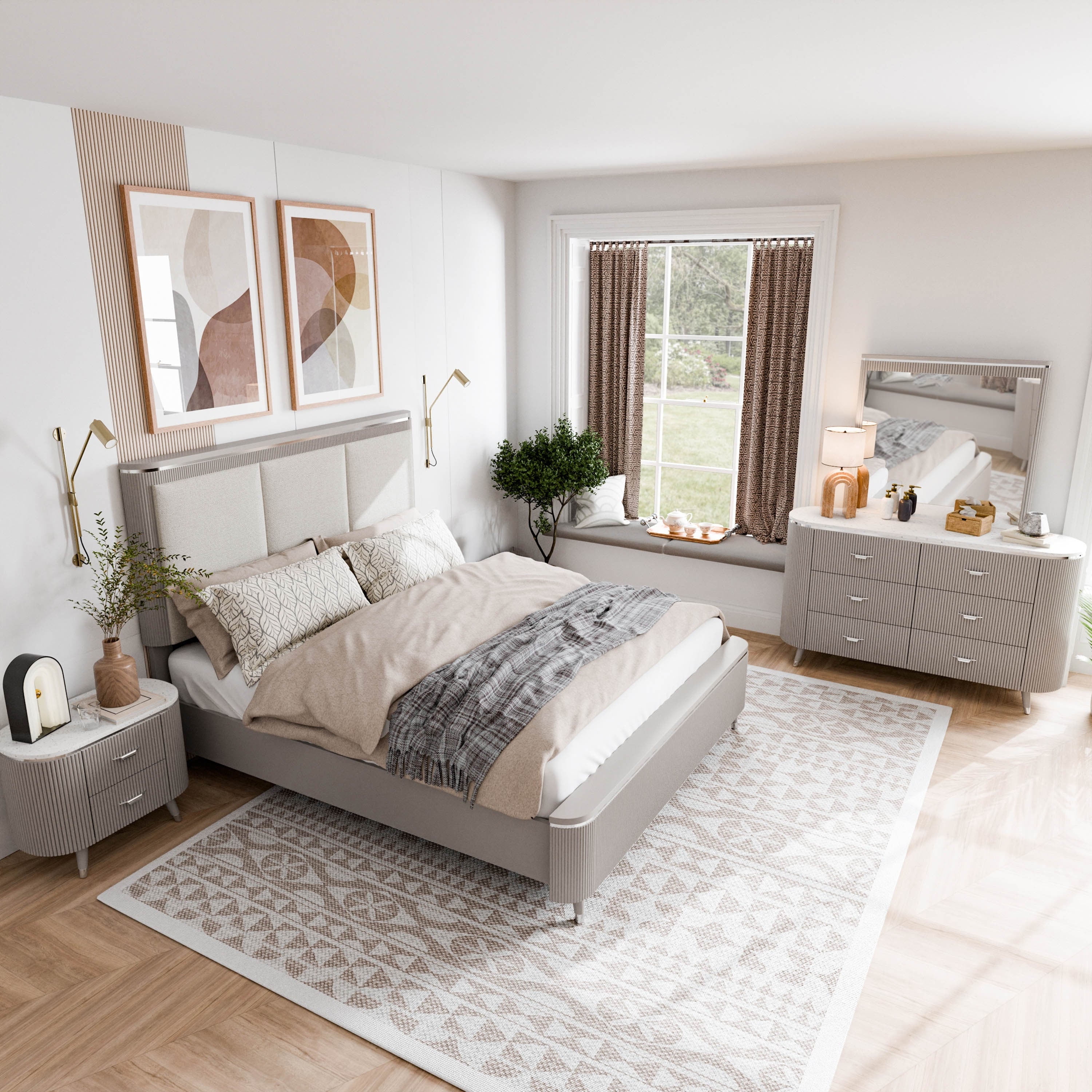 Furniture Of America Seraphine Modern 4 Piece Light Grey Solid Wood Panel Bedroom Set With Fluted Headboard