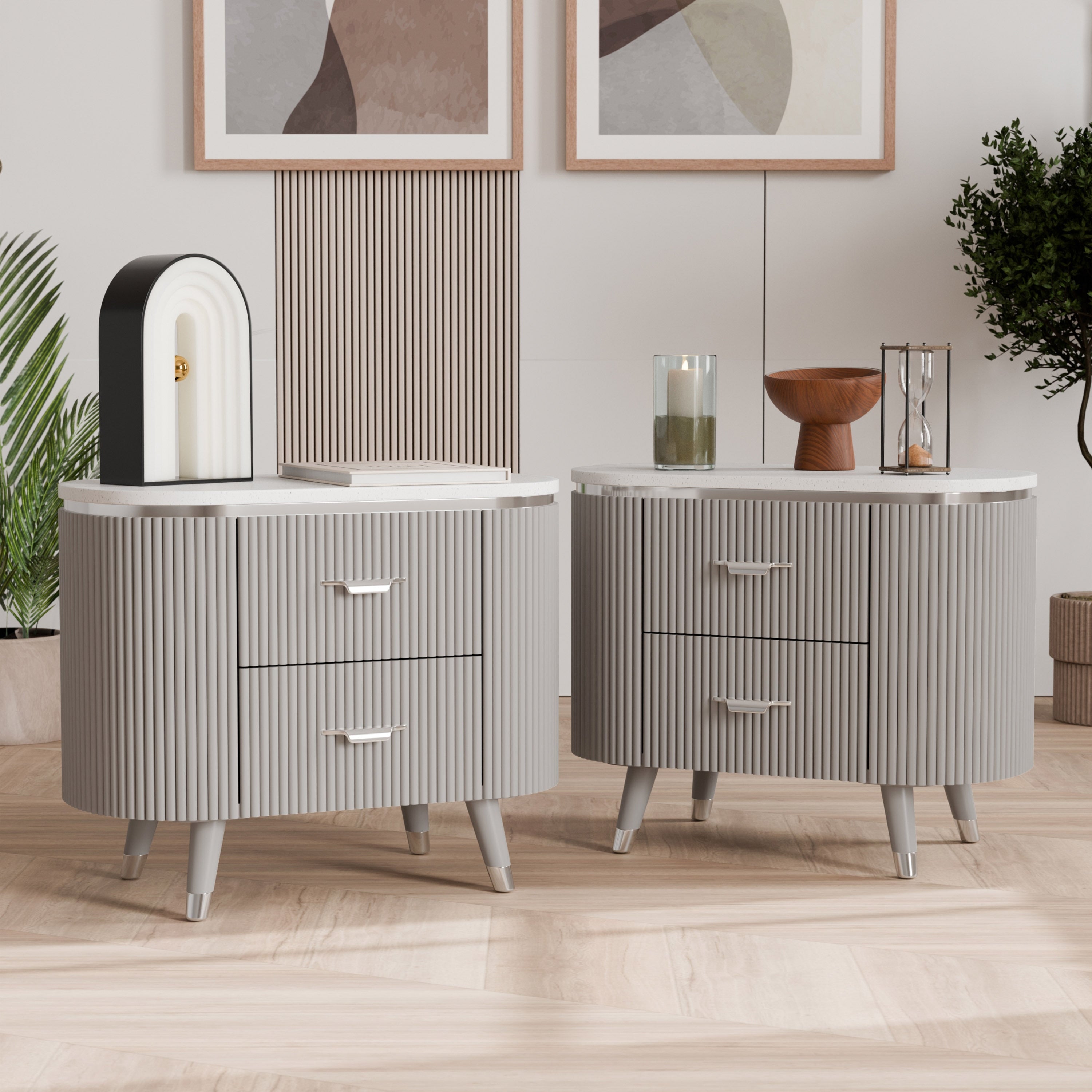 Furniture Of America Seraphine Modern Light Grey Solid Wood 2 Drawer Nightstand With Cultured Stone Top Set Of 2
