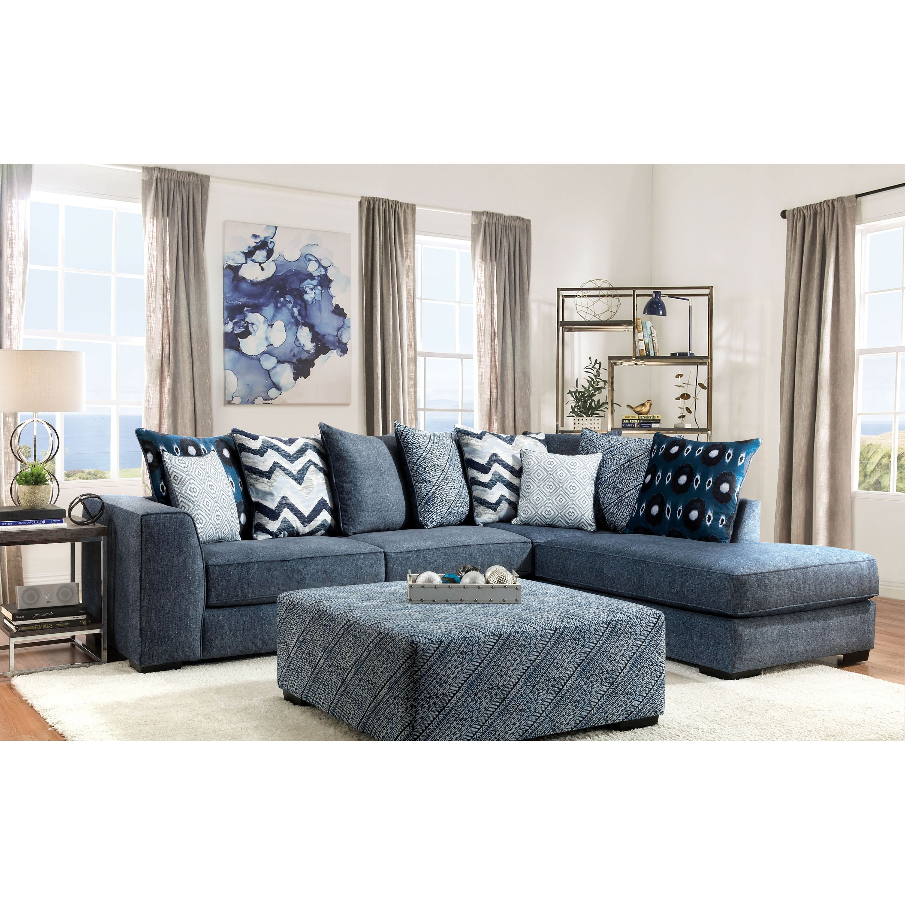 Furniture Of America Sharnel Transitional Blue Solid Wood Sectional