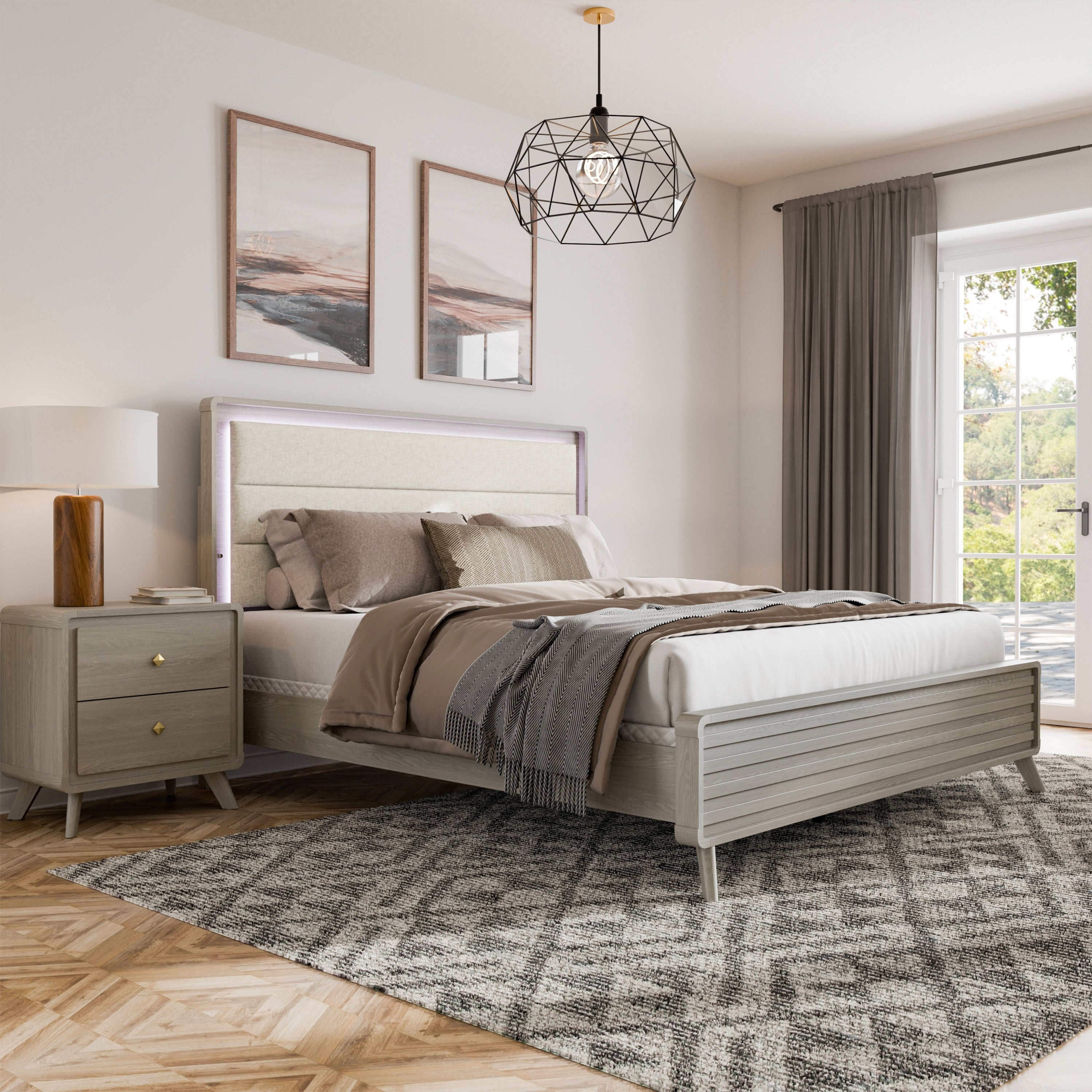 Furniture Of America Thaila Modern 2 Piece Grey Wood Upholstered Panel Bedroom Set With Led On Headboard