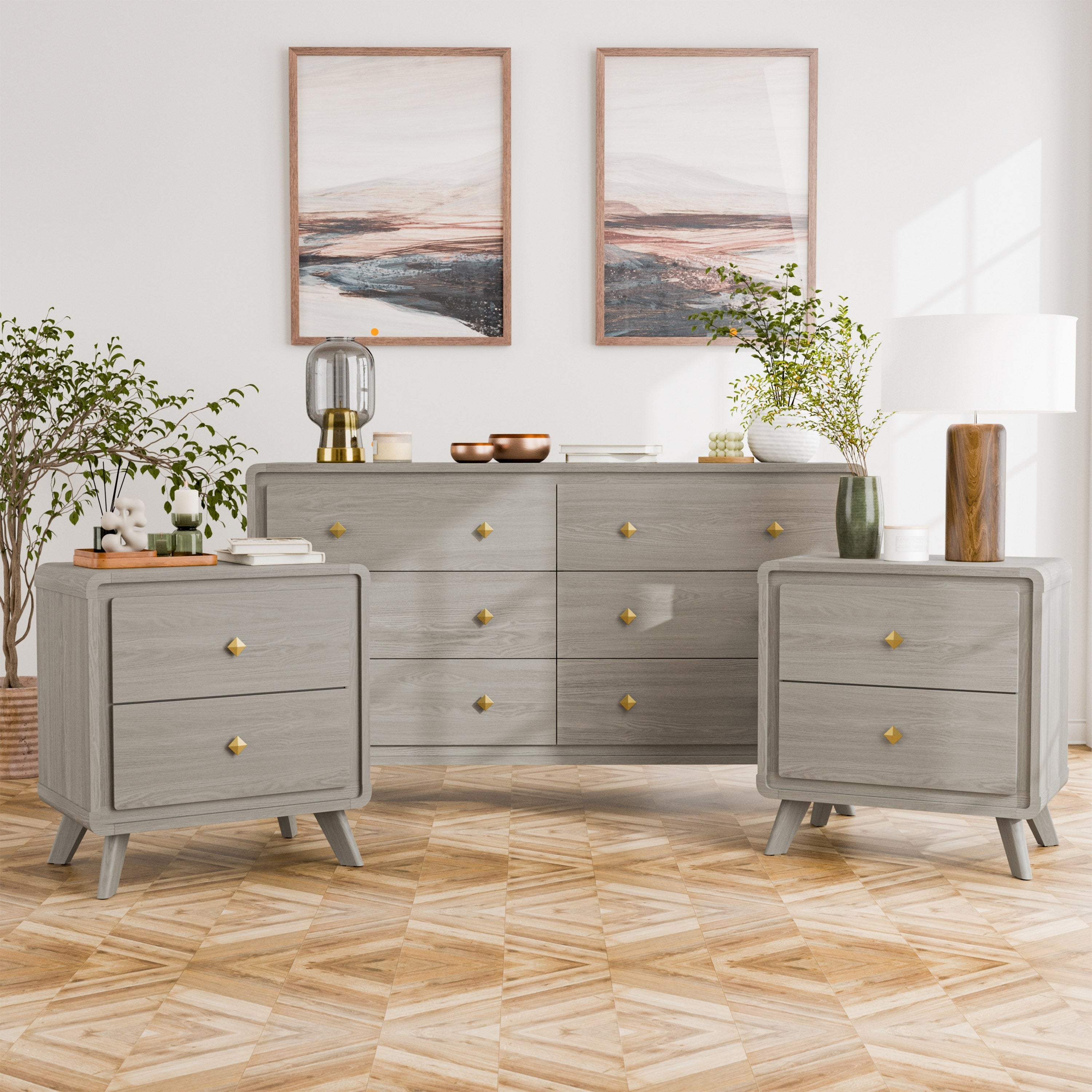Furniture Of America Thaila Modern 3 Piece Grey Wood Dresser And 2 Nightstand Bedroom Set