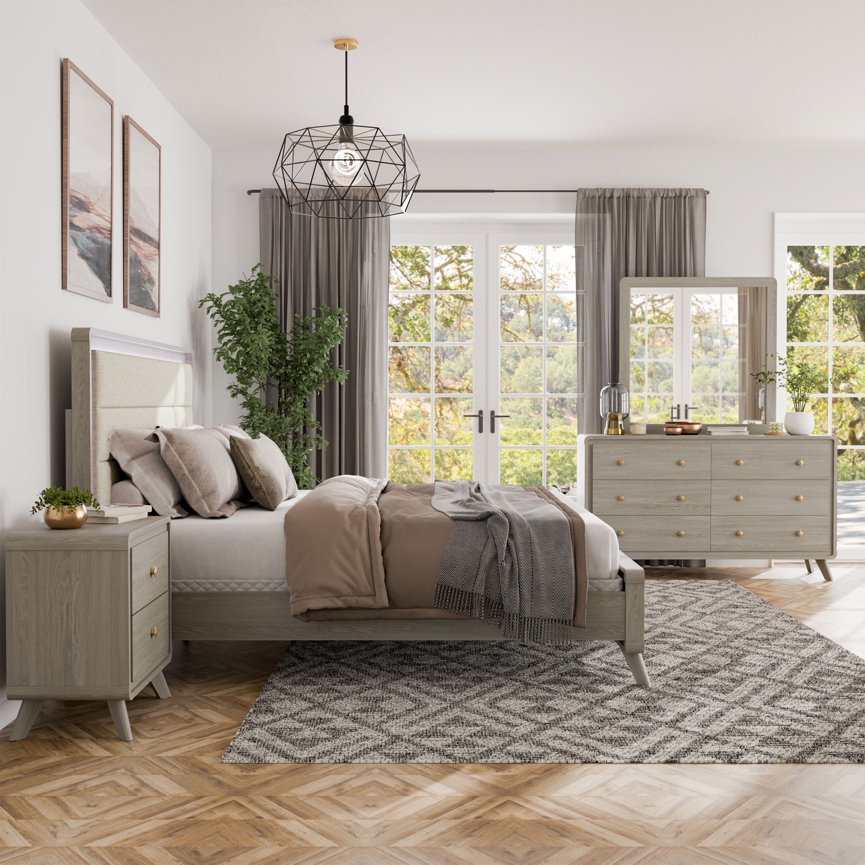 Furniture Of America Thaila Modern 4 Piece Grey Wood Upholstered Panel Bedroom Set With Led On Headboard