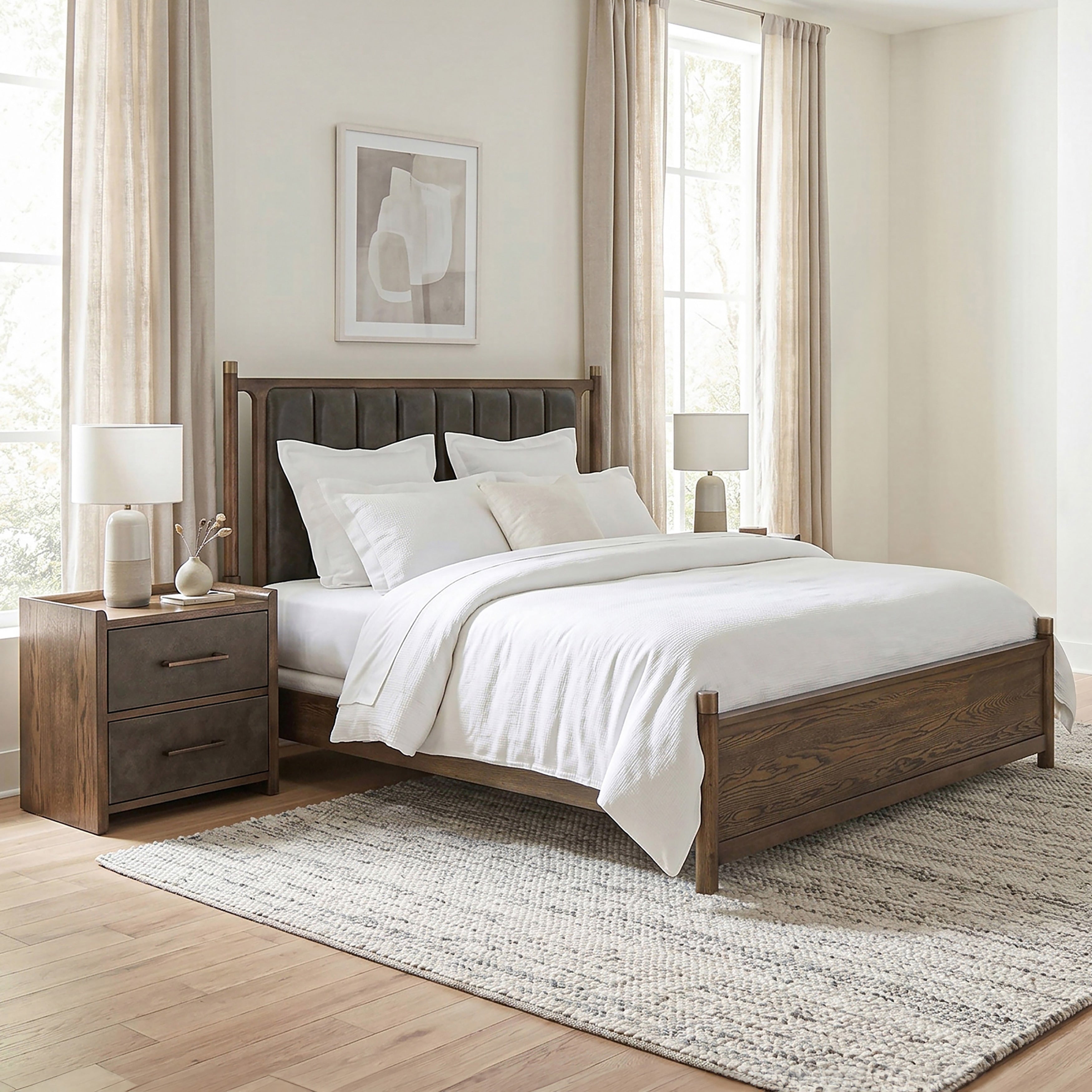 Furniture Of America Thalv Mid Century Modern 2 Piece Two Tone Dark Walnut Wood And Faux Leather Bedroom Set