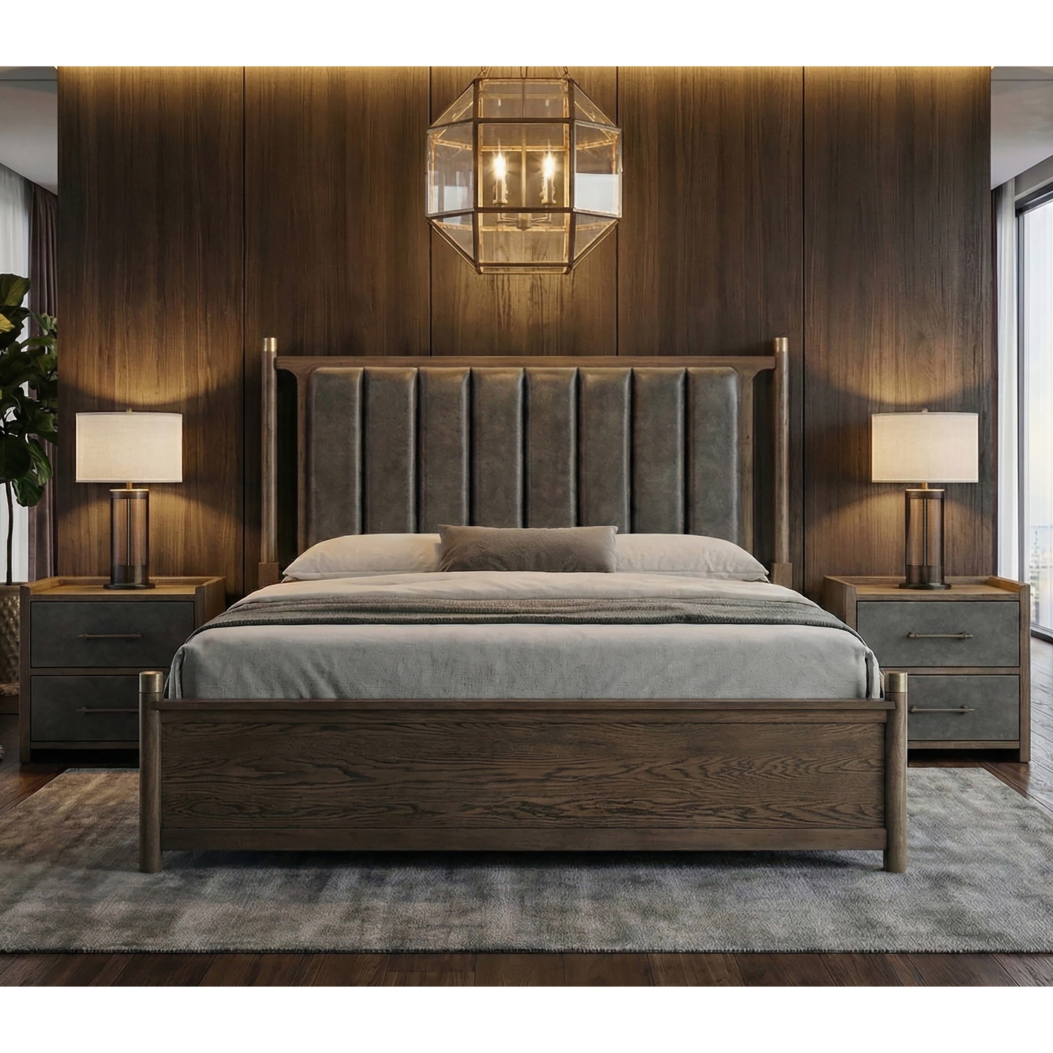 Furniture Of America Thalv Mid Century Modern 3 Piece Dark Walnut Wood And Faux Leather Bedroom Set With 2 Nightstands