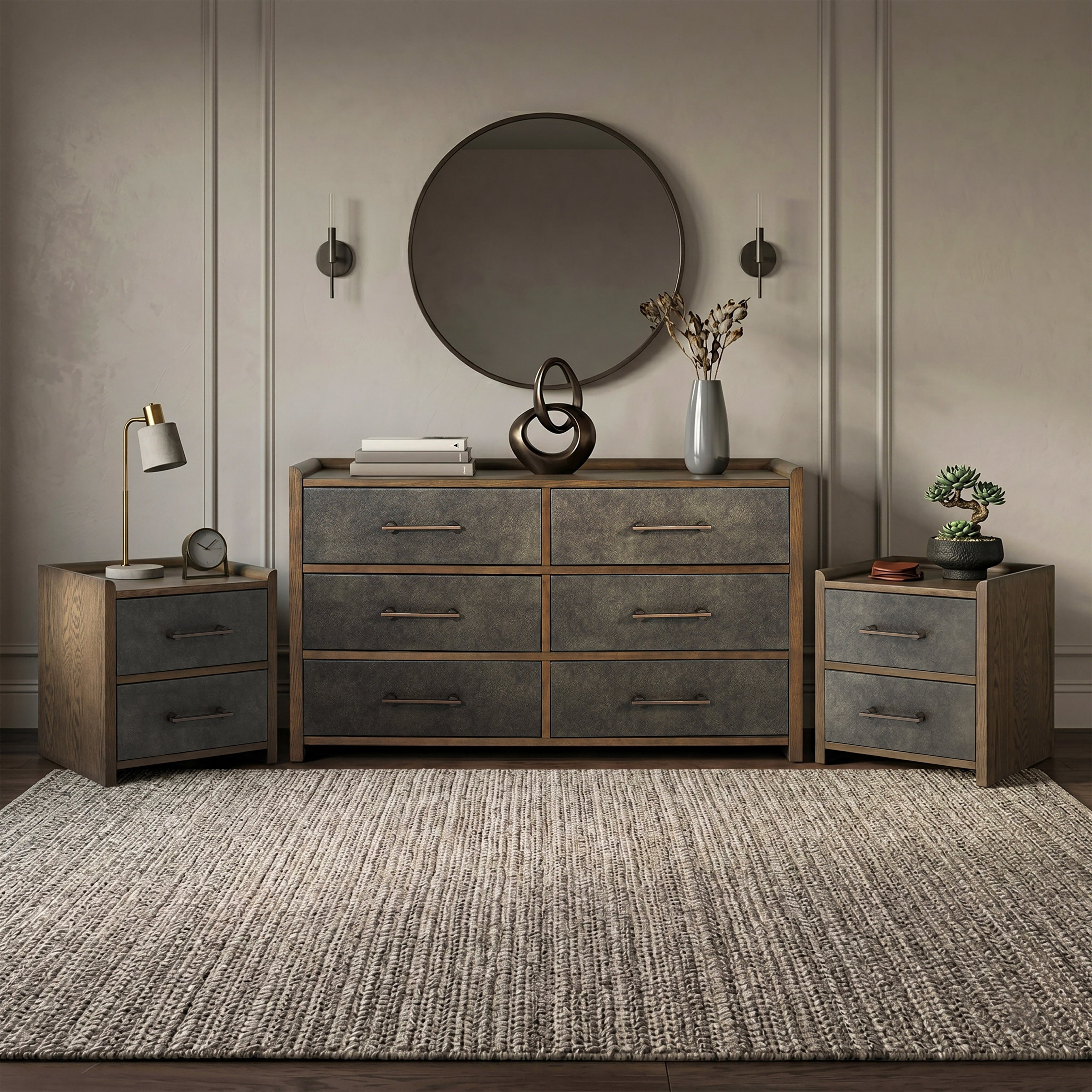 Furniture Of America Thalv Mid Century Modern 3 Piece Dark Walnut Wood And Faux Leather Dresser And 2 Nightstands Bedroom Set
