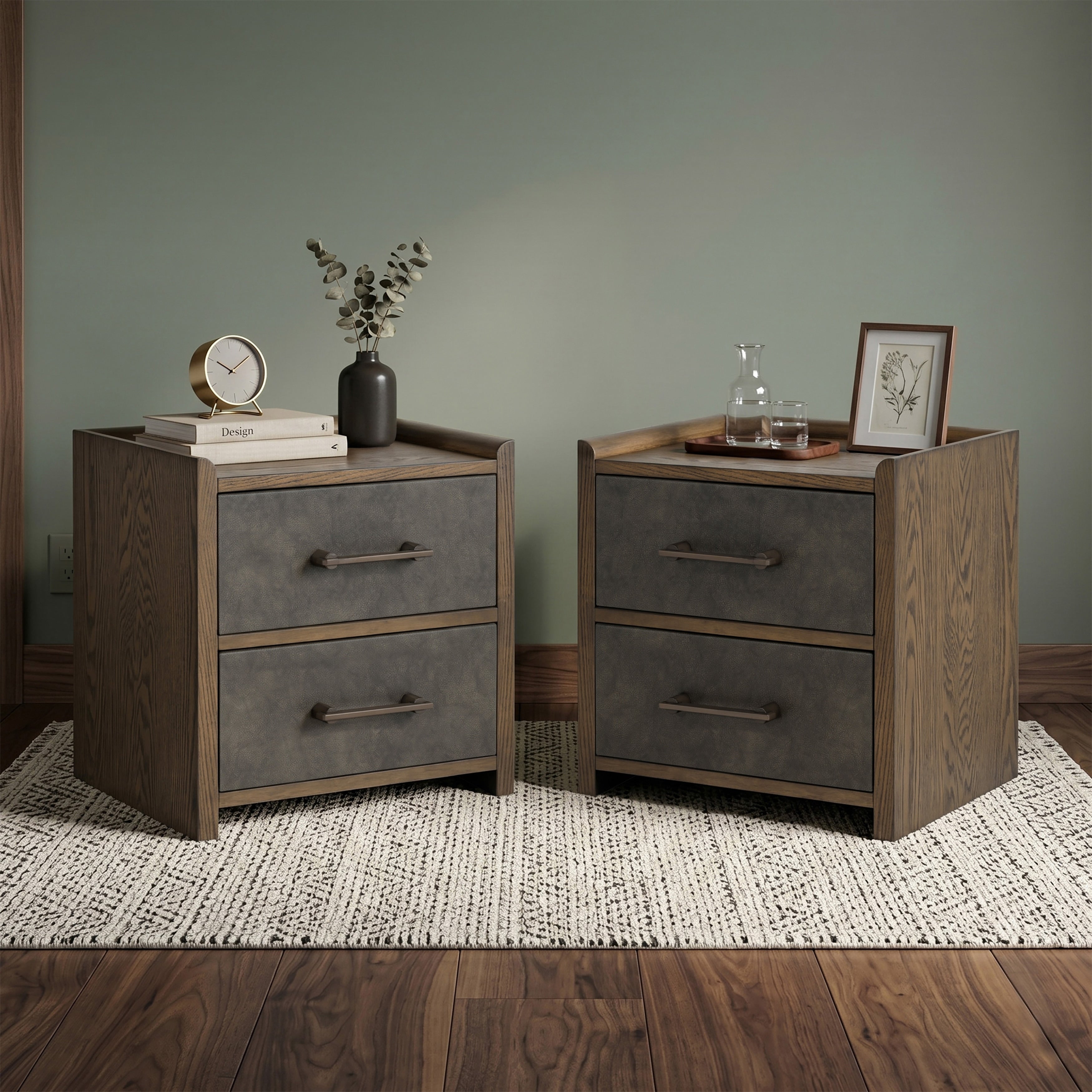 Furniture Of America Thalv Mid Century Modern Two Tone Dark Walnut Wood 2 Drawer Nightstand With Faux Leather Front Set Of 2
