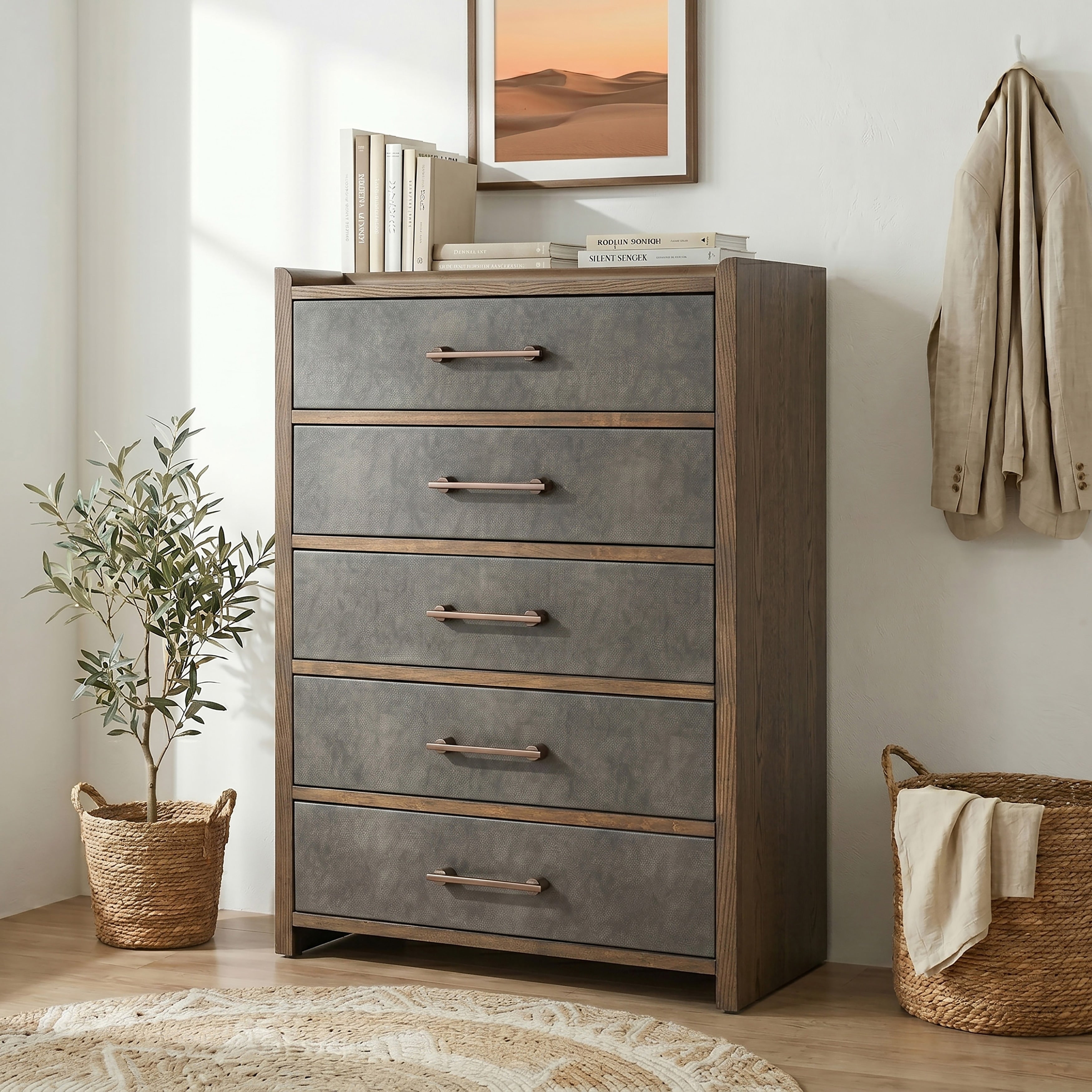 Furniture Of America Thalv Mid Century Modern Two Tone Dark Walnut Wood 5 Drawer Chest With Faux Leather Front