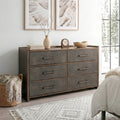 Furniture Of America Thalv Mid Century Modern Two Tone Dark Walnut Wood 6 Drawer Dresser With Faux Leather Front