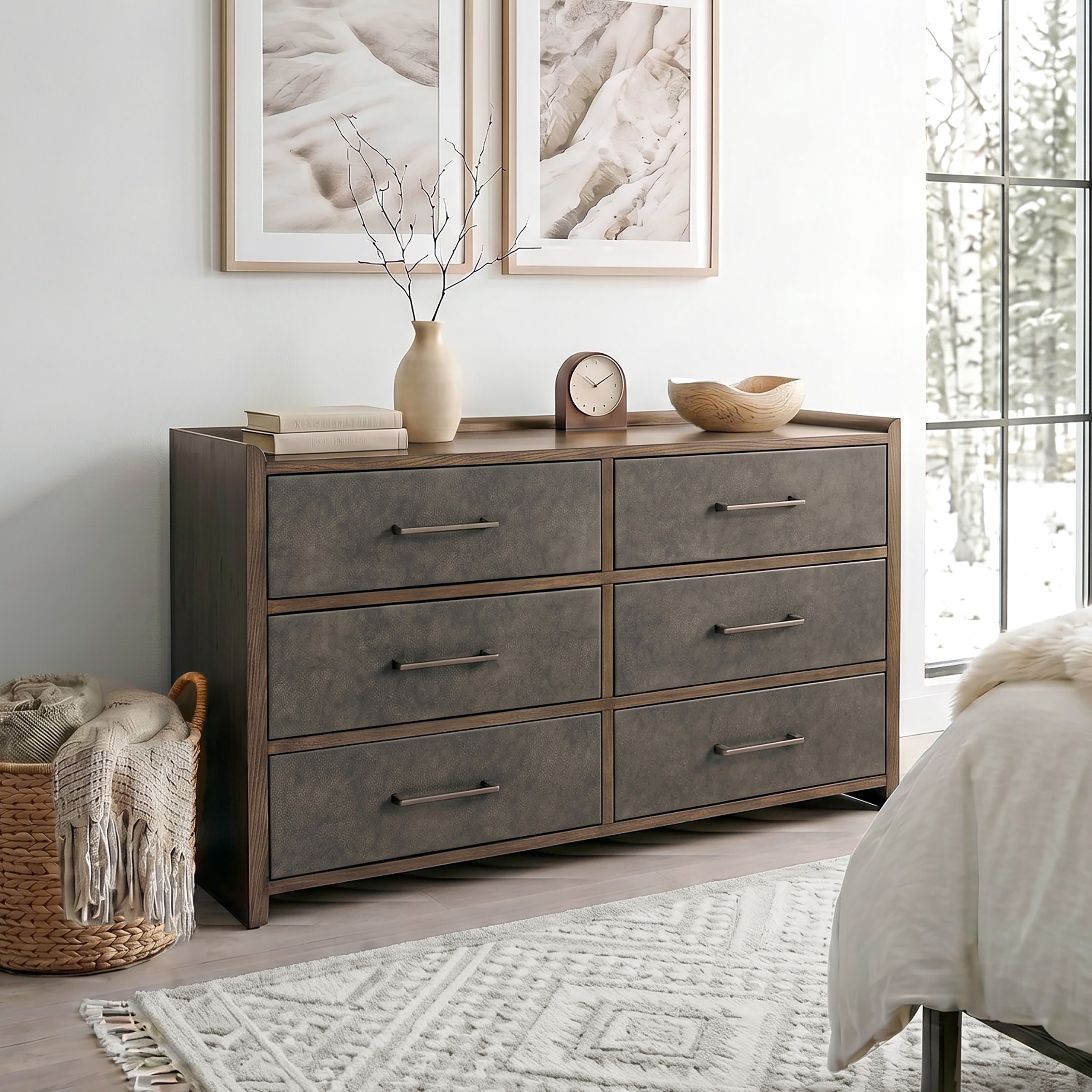 Furniture Of America Thalv Mid Century Modern Two Tone Dark Walnut Wood 6 Drawer Dresser With Faux Leather Front