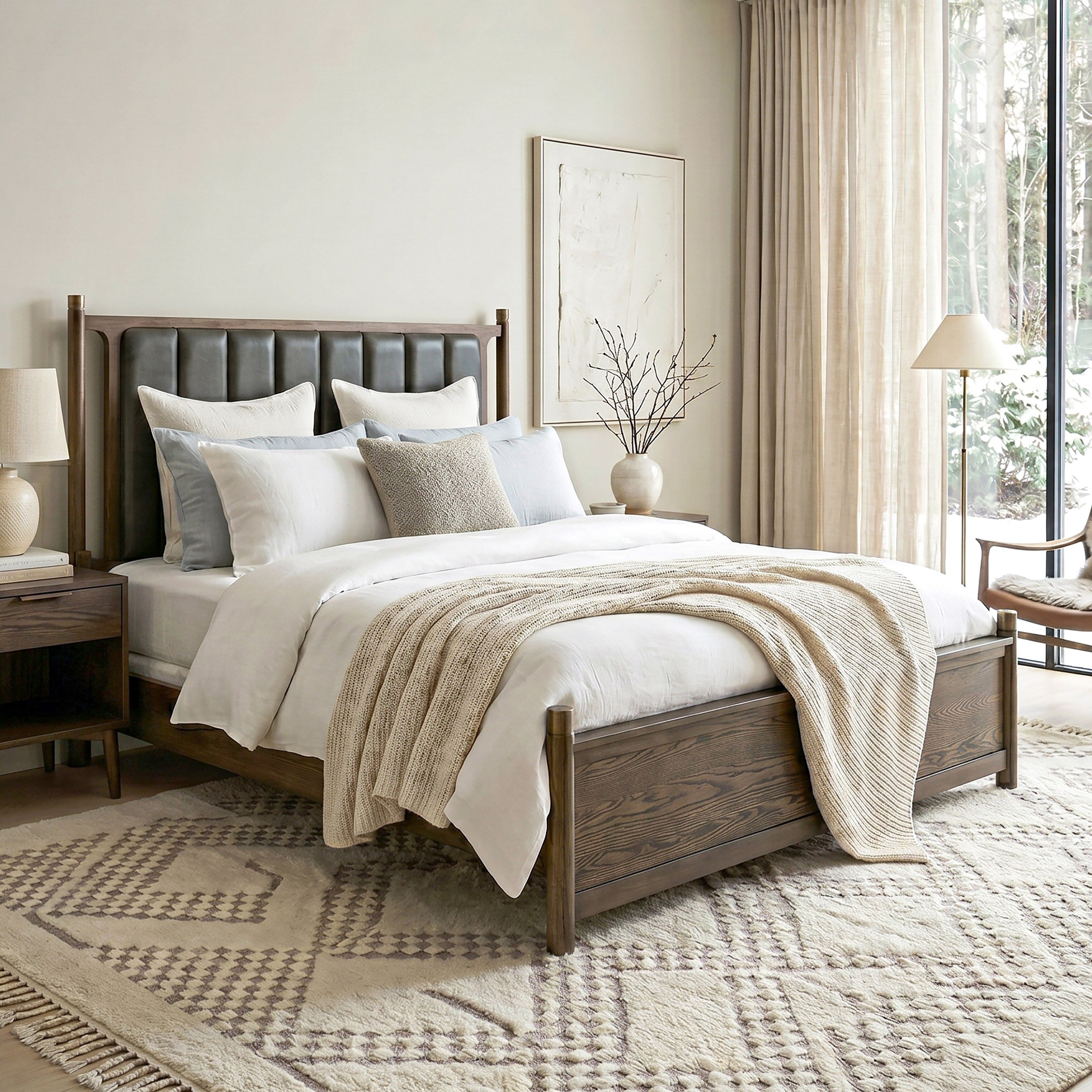 Furniture Of America Thalv Mid Century Modern Two Tone Dark Walnut Wood Panel Bed With Faux Leather Headboard