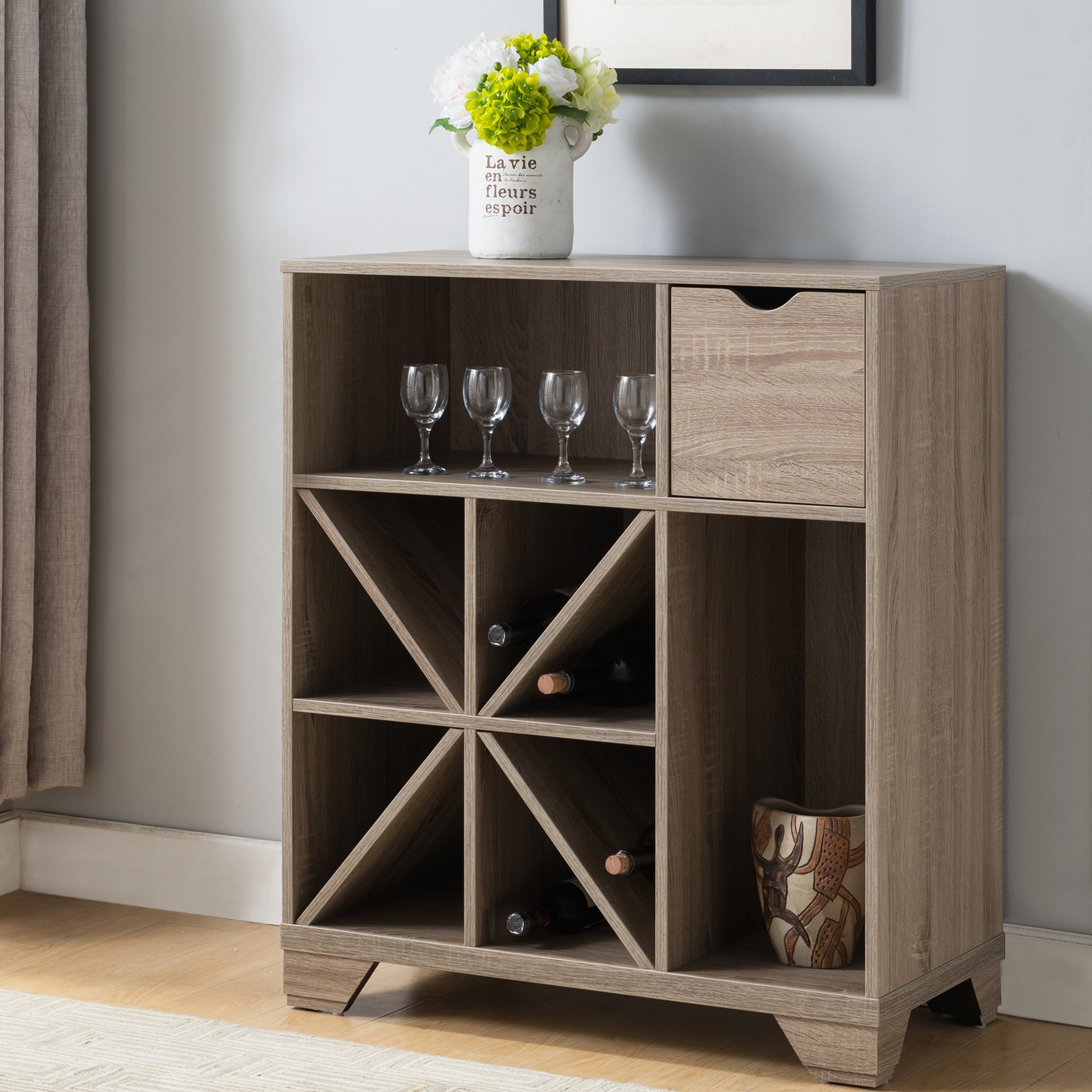 Furniture Of America Thurwald Contemporary Light Oak Wine Rack And Open Buffet