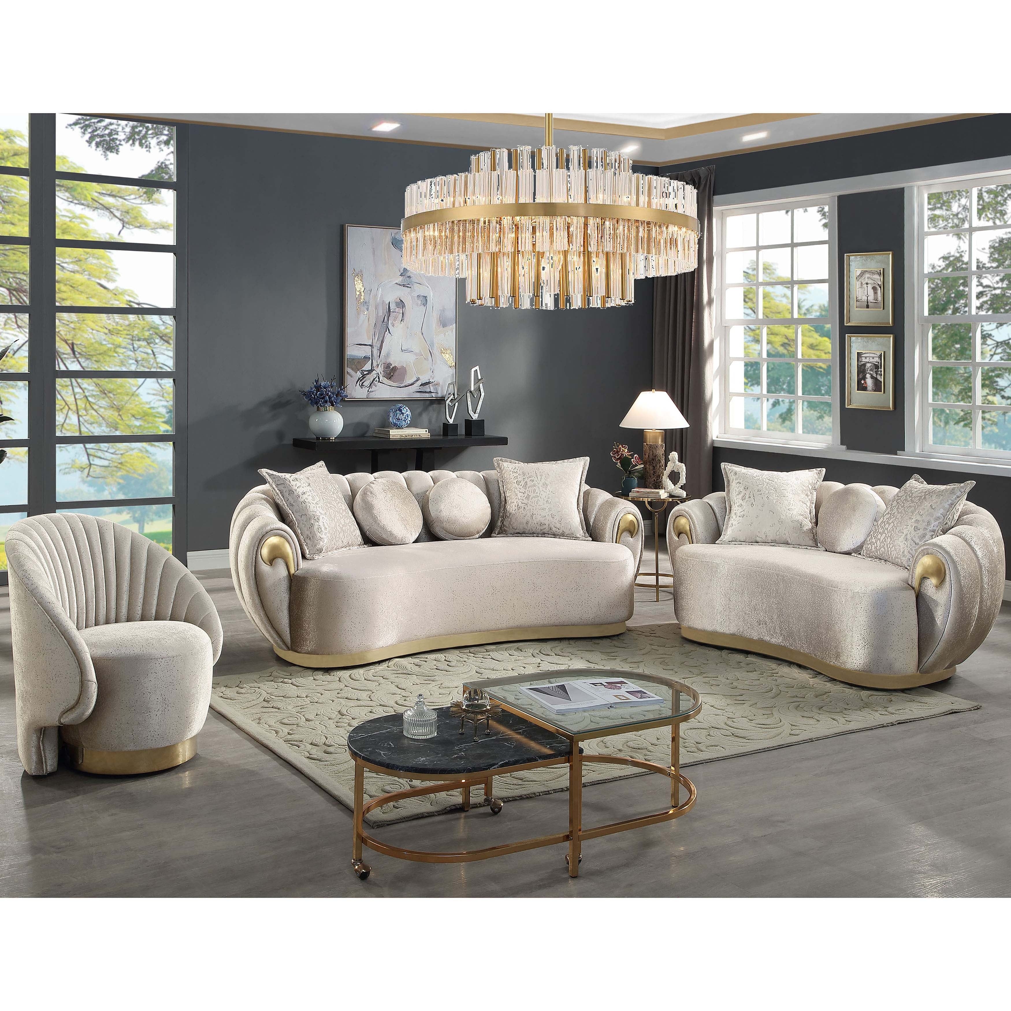 Furniture Of America Vesper Glam 3 Piece Metallic Taupe Curved Back Sofa Set With Accent Pillows
