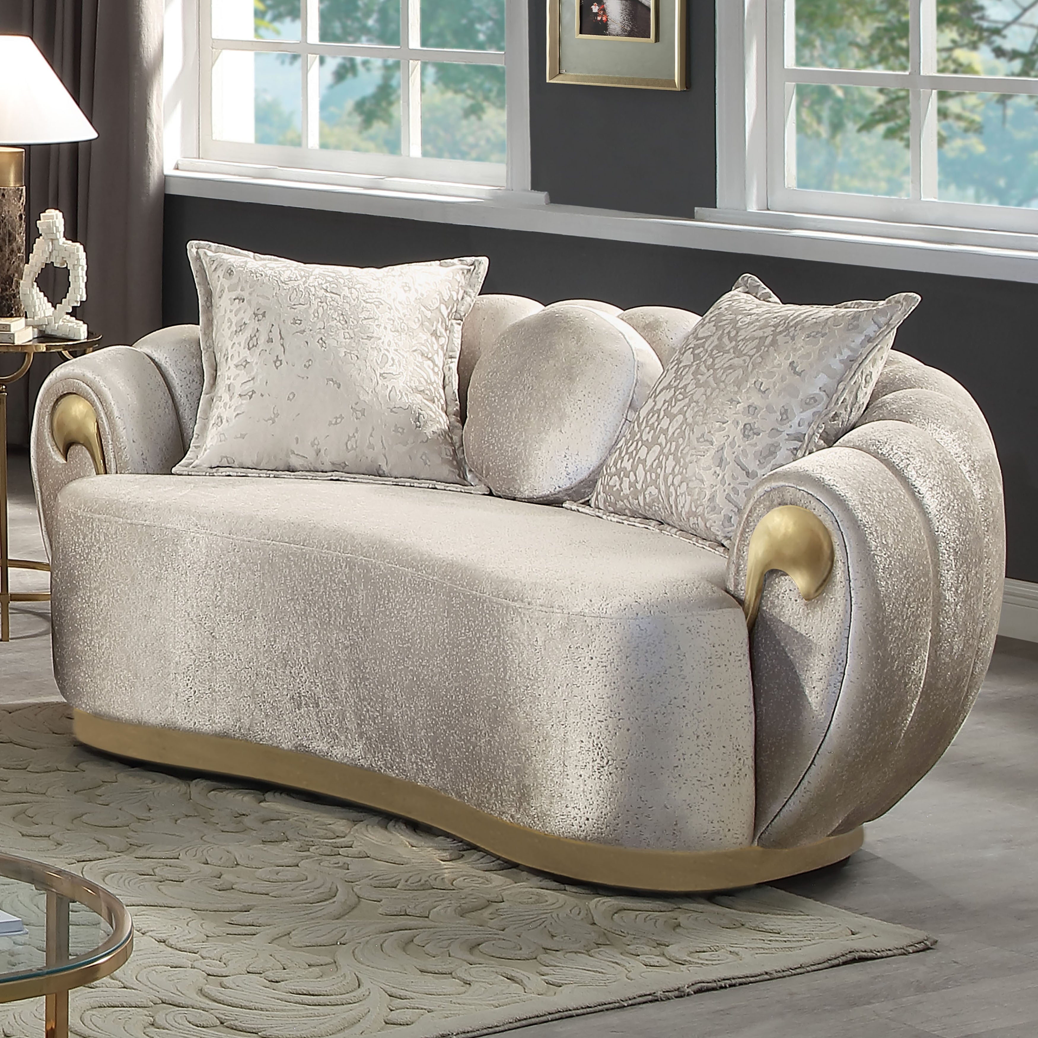 Furniture Of America Vesper Glam Metallic Taupe Curved Back Loveseat With Accent Pillows