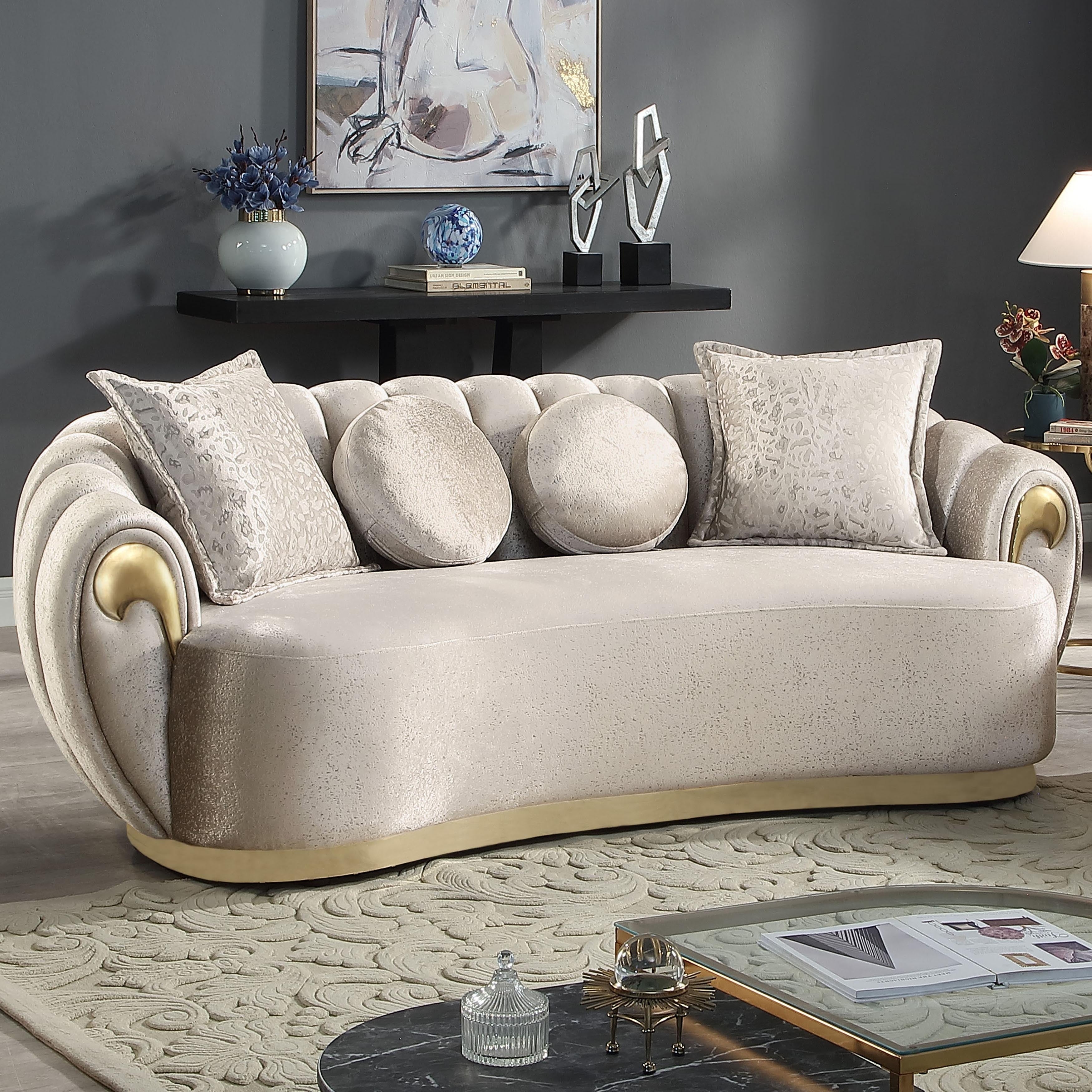 Furniture Of America Vesper Glam Metallic Taupe Curved Back Sofa With Accent Pillows