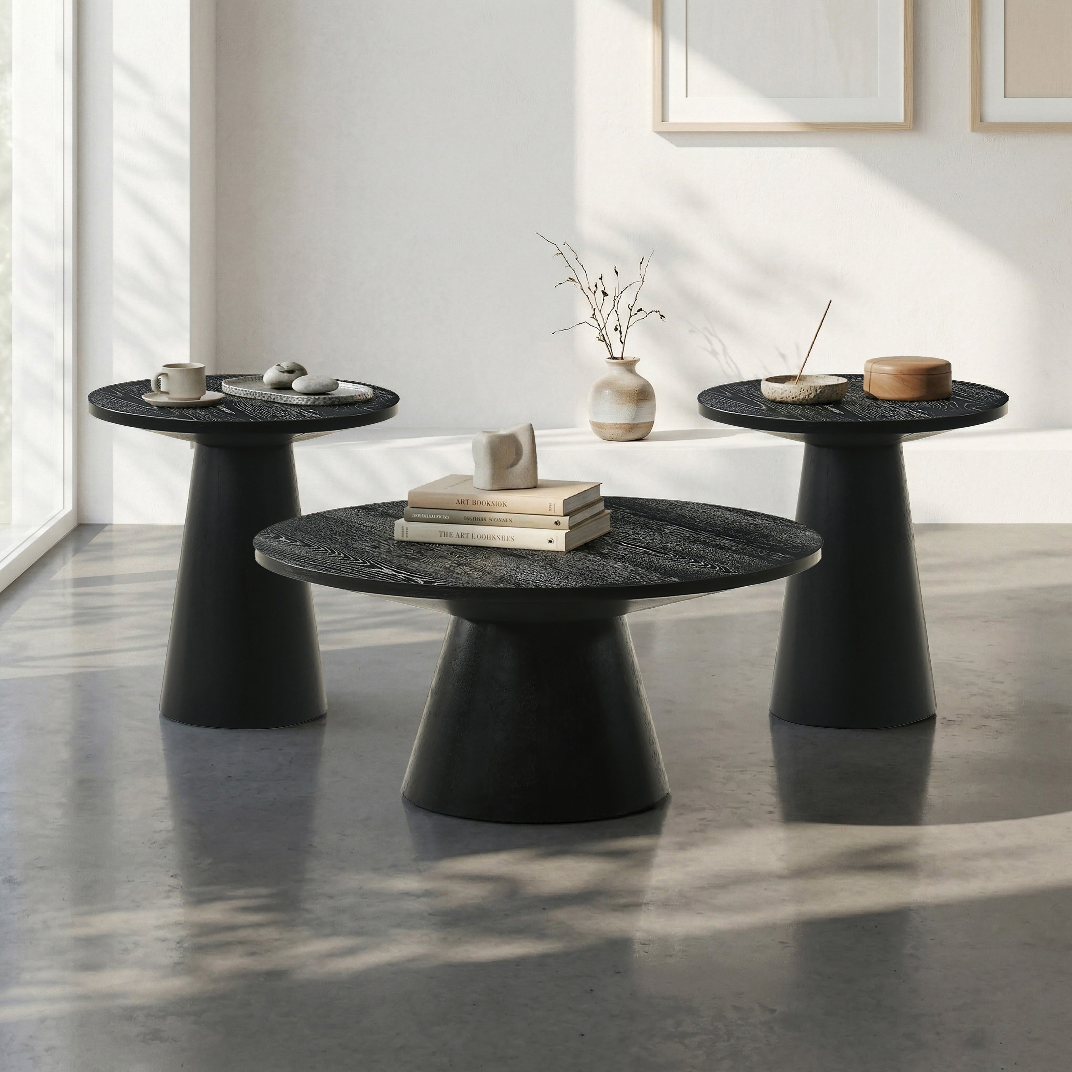 Furniture Of America Vitten Modern 3 Piece Solid Wood 36 Inch Cone Shaped Pedestal Base Coffee Table And 2 End Tables Set