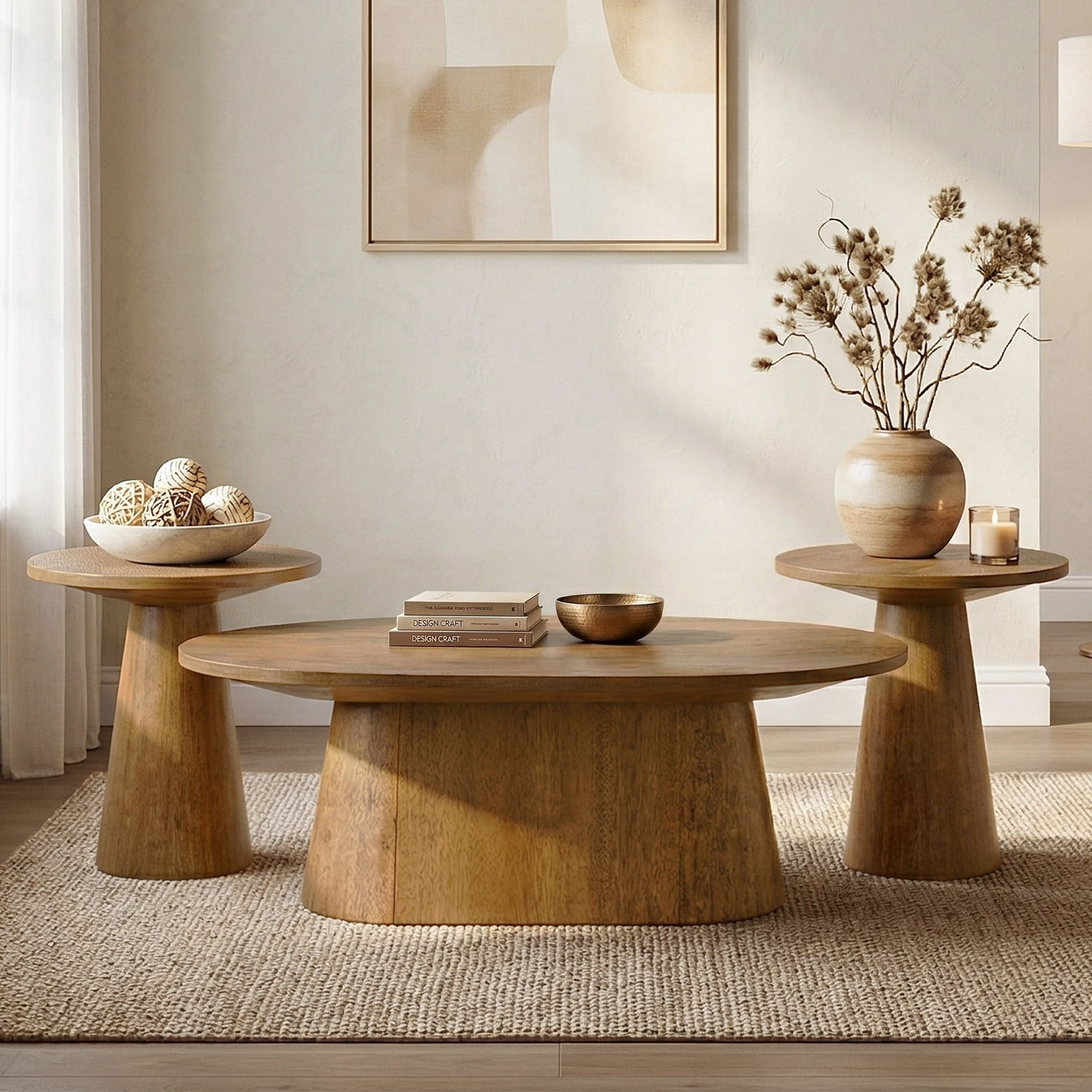 Furniture Of America Vitten Modern 3 Piece Solid Wood Cone Shaped Pedestal Base Oval Cocktail Table And 2 End Tables Set