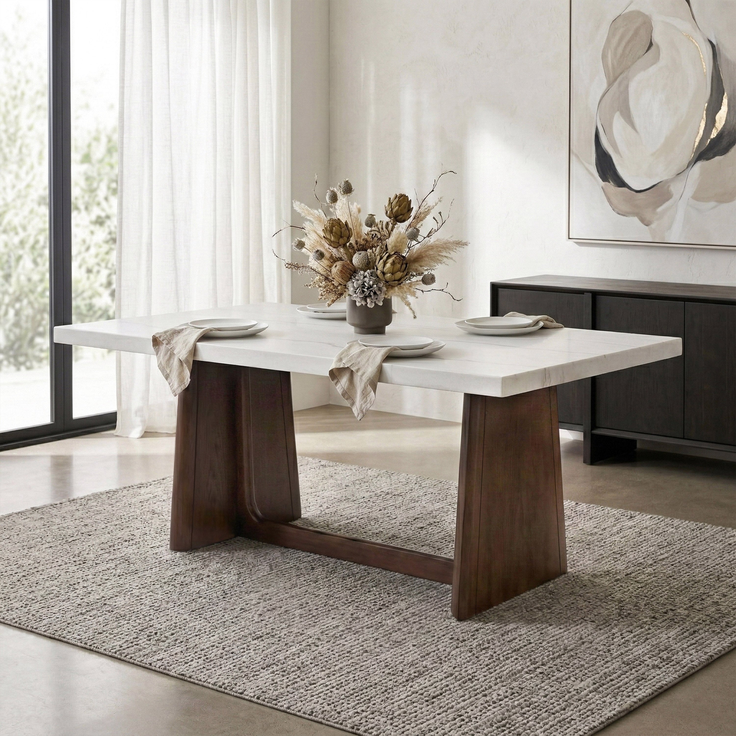 Furniture Of America Wayley Modern Solid Wood Genuine Marble Top Dining Table