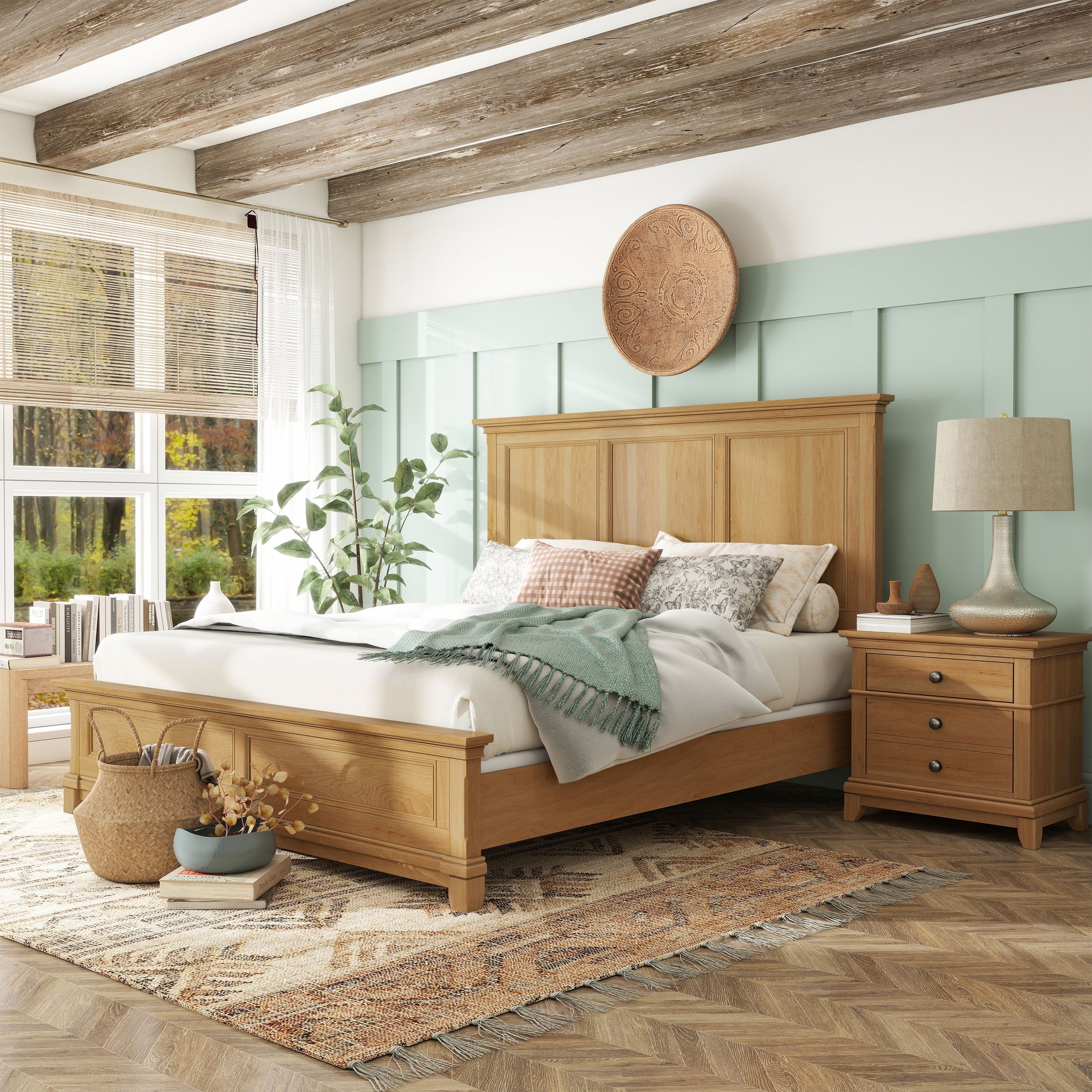 Furniture Of America Wellington Farmhouse 2 Piece Natural Oak Wood Panel Bedroom Set