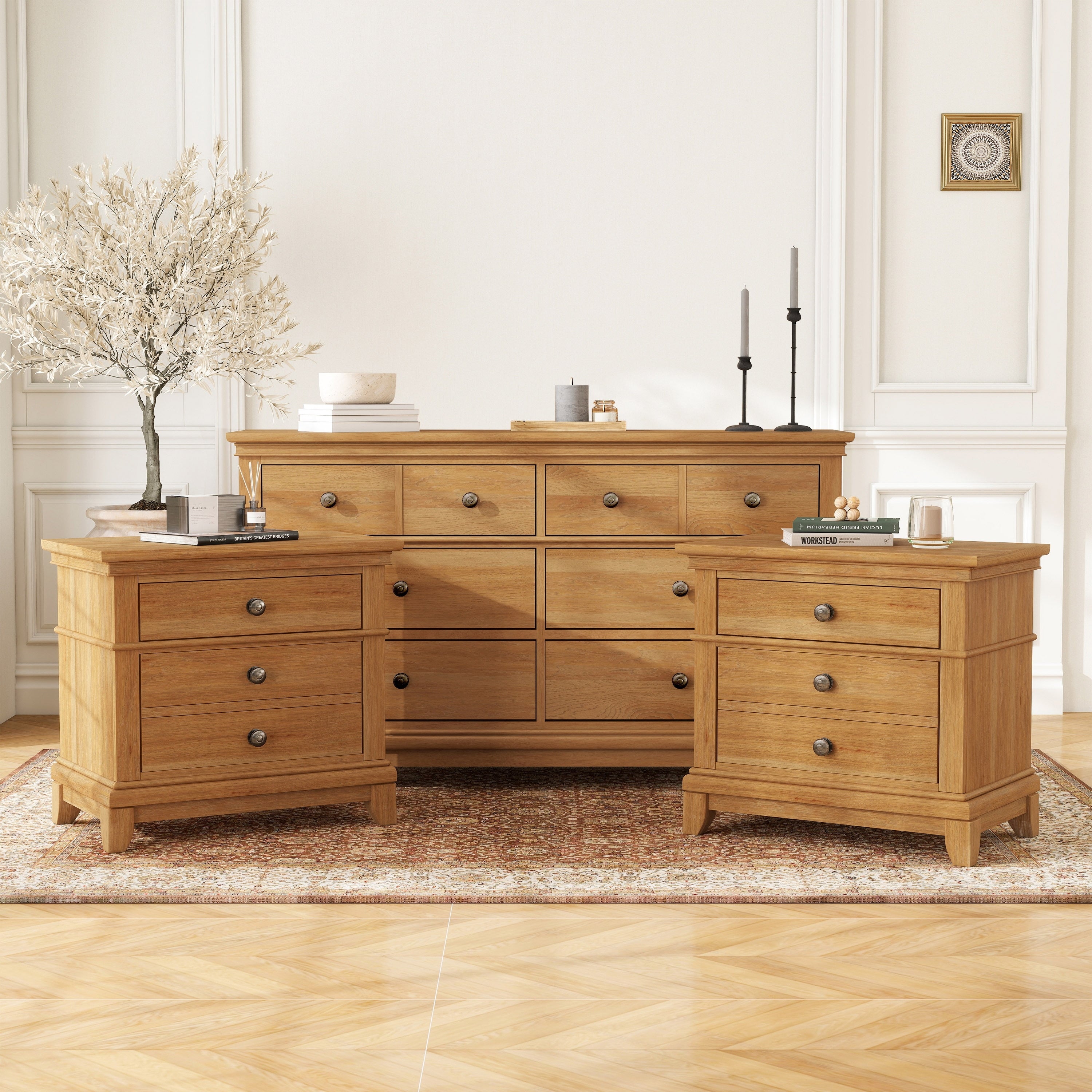 Furniture Of America Wellington Farmhouse 3 Piece Natural Oak Wood Dresser And 2 Nightstand Bedroom Set