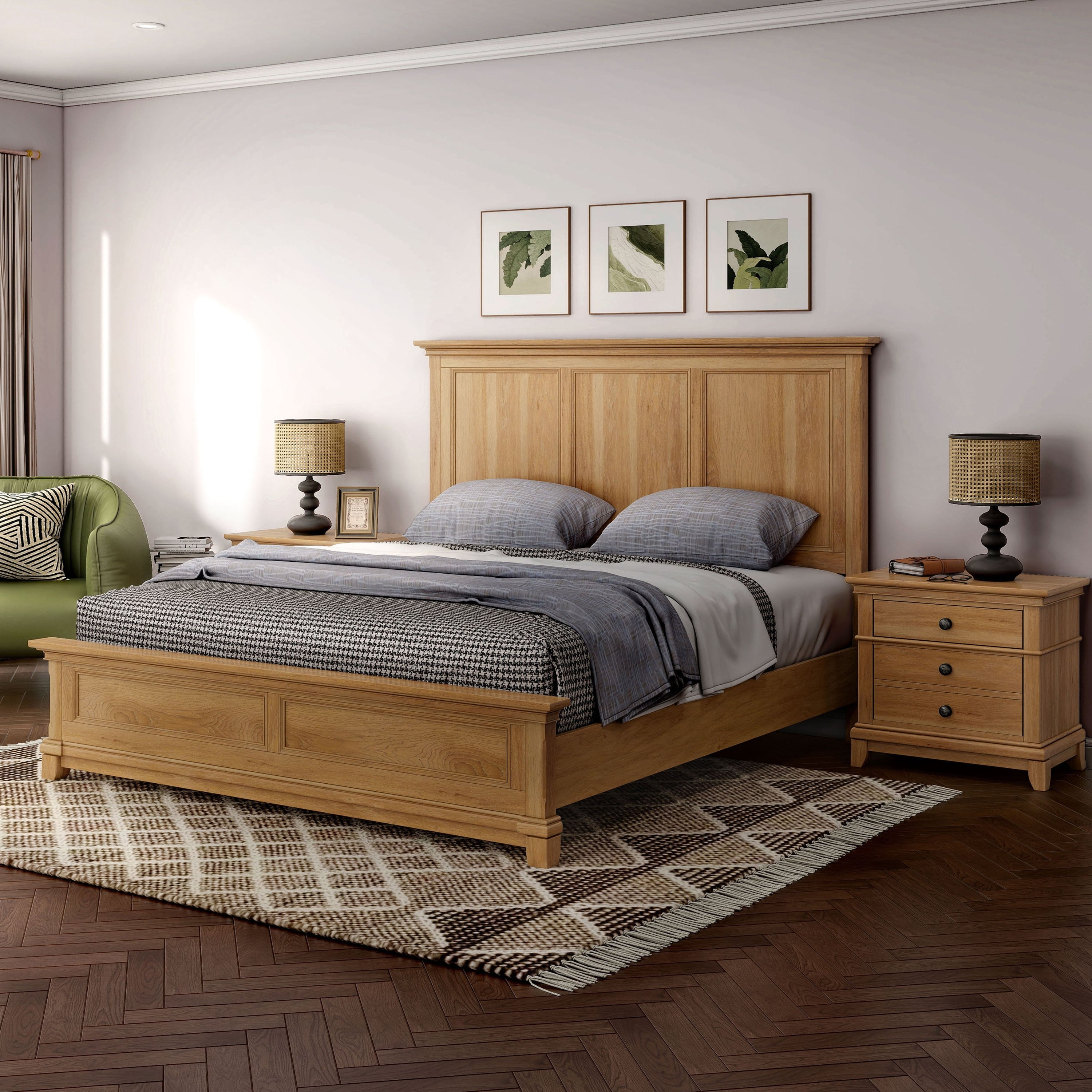 Furniture Of America Wellington Farmhouse 3 Piece Natural Oak Wood Panel Bed And 2 Nightstand Bedroom Set