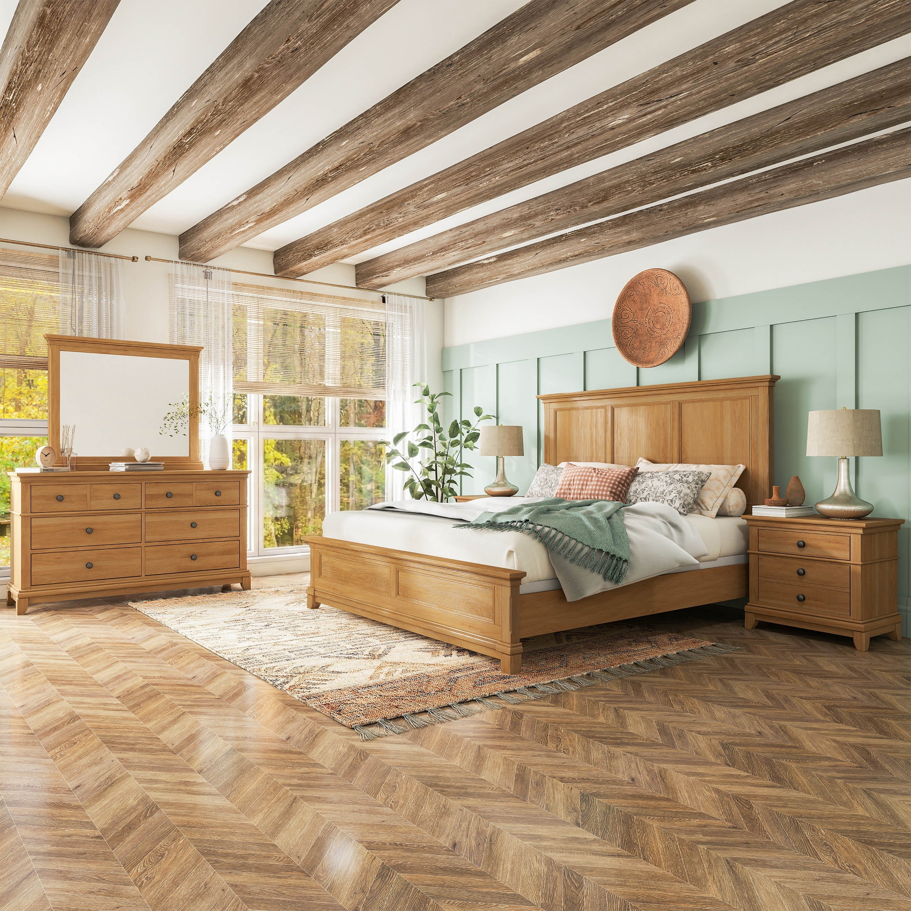 Furniture Of America Wellington Farmhouse 5 Piece Natural Oak Solid Wood Panel Bedroom Set