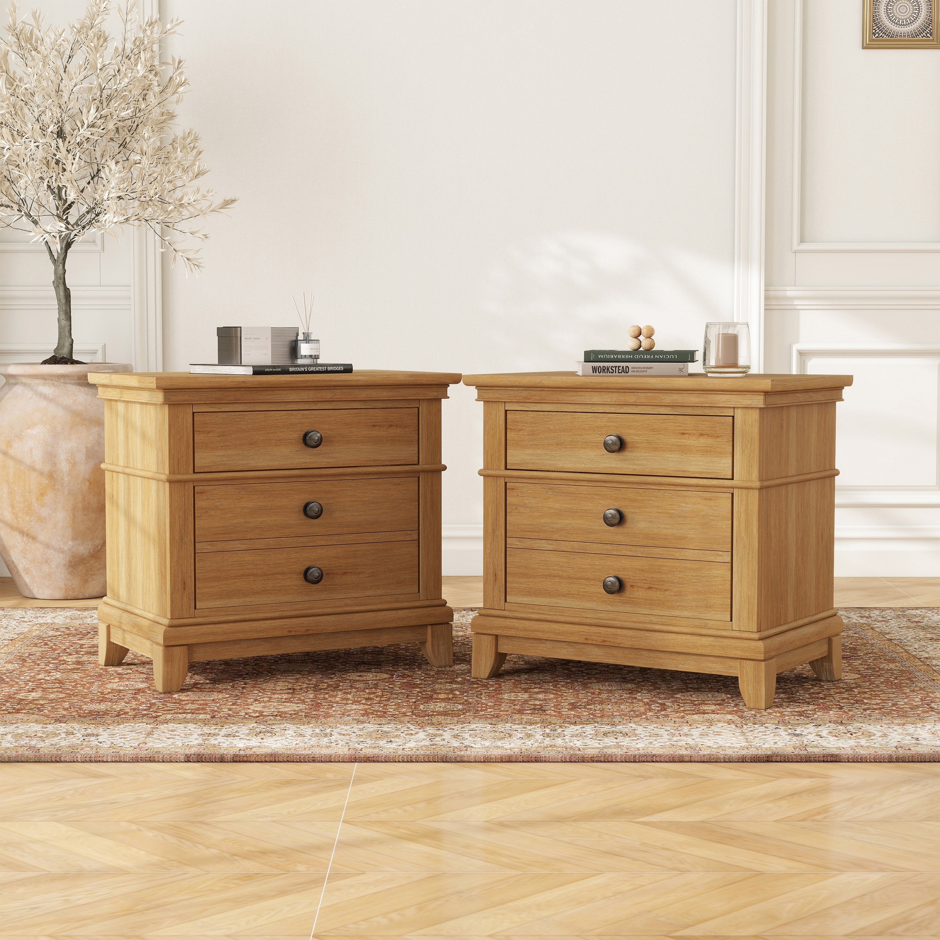 Furniture Of America Wellington Farmhouse Natural Oak Wood 2 Drawer Nightstand Set Of 2