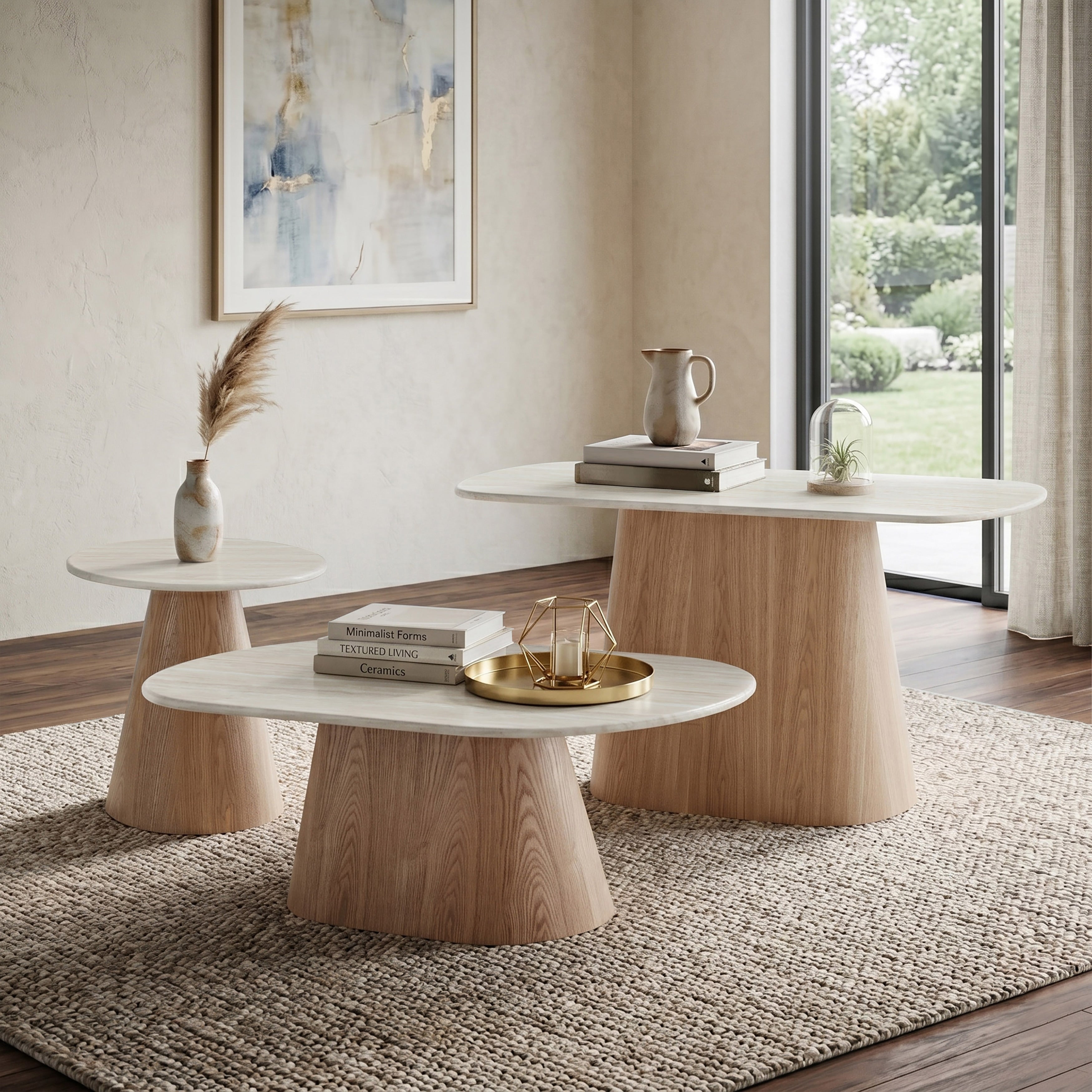 Furniture Of America Yovik Modern 3 Piece Natural Wood Coffee Table Set With Sintered Stone Top