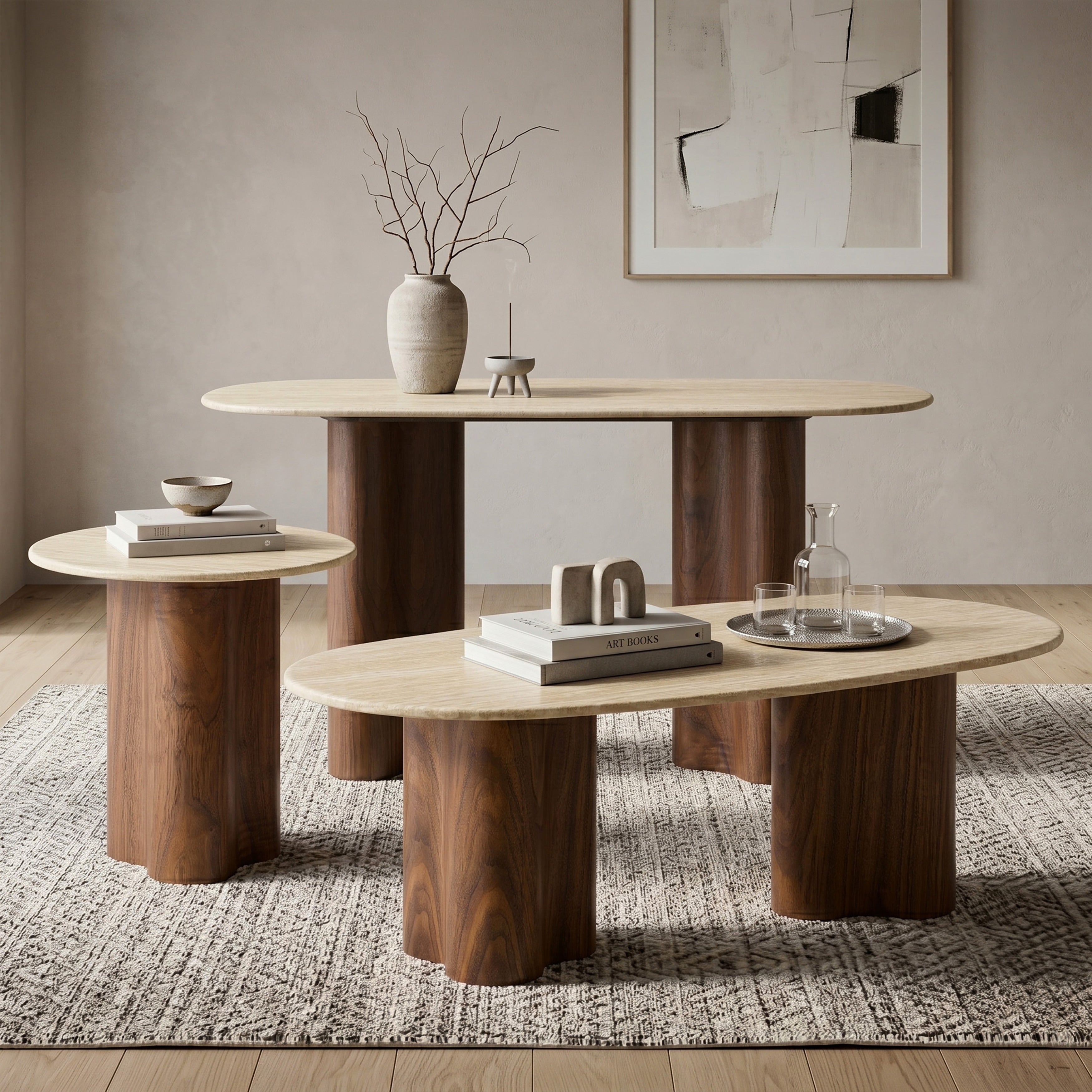 Furniture Of America Yovik Modern 3 Piece Walnut Wood Coffee Table Set With Sintered Stone Top