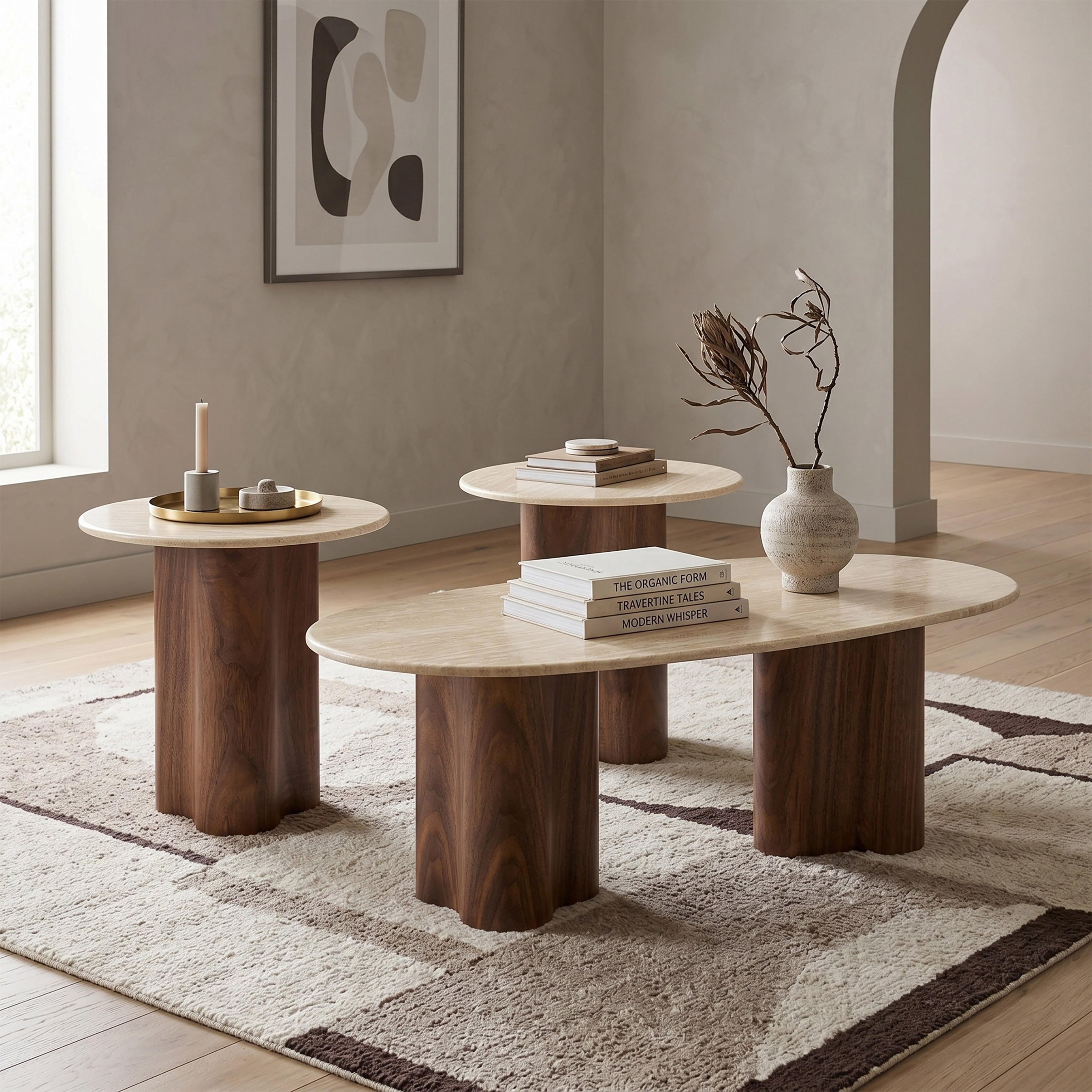 Furniture Of America Yovik Modern 3 Piece Walnut Wood Coffee Table And 2 End Tables Set With Sintered Stone Top