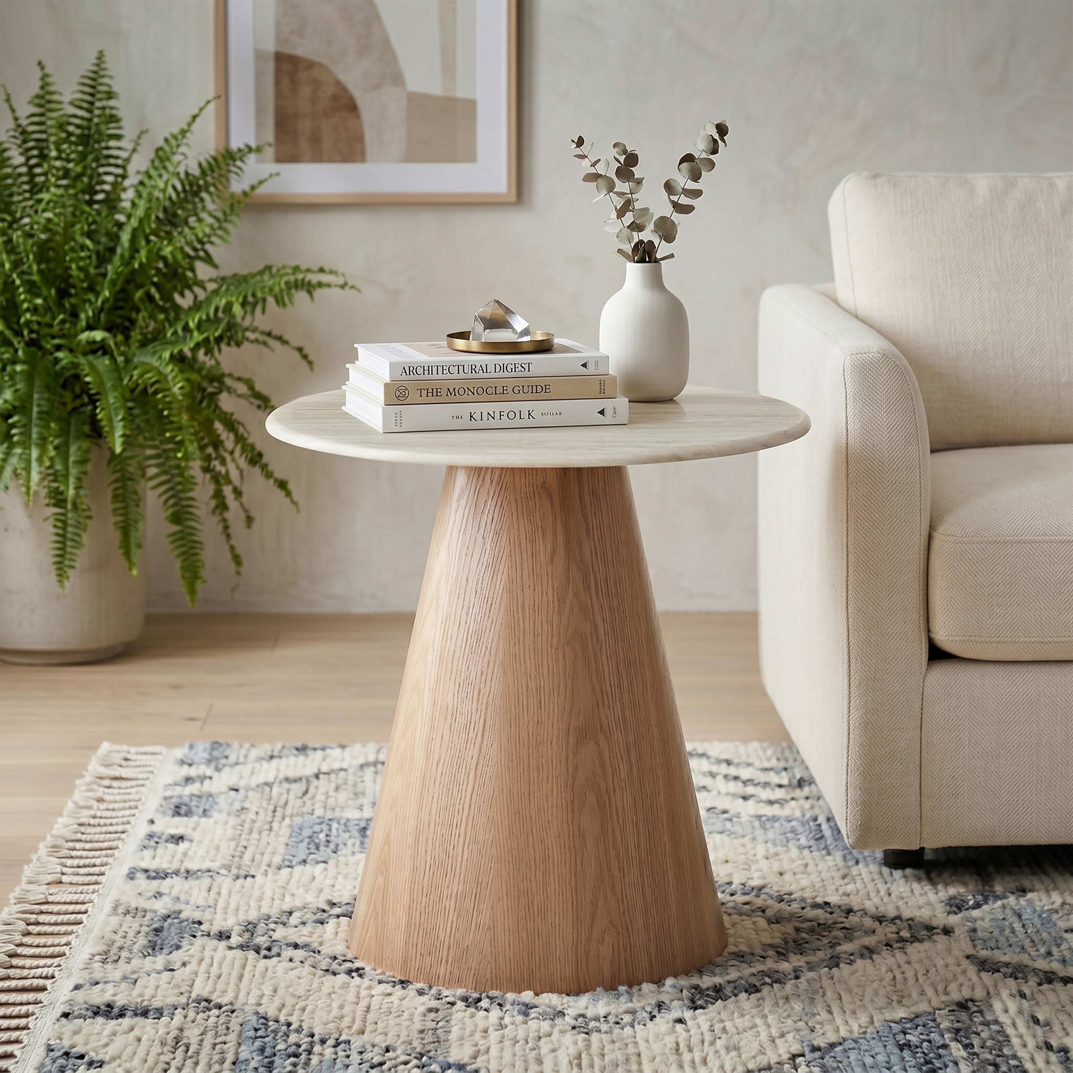 Furniture Of America Yovik Modern Natural Wood Pedestal Base Round End Table With Sintered Stone Top