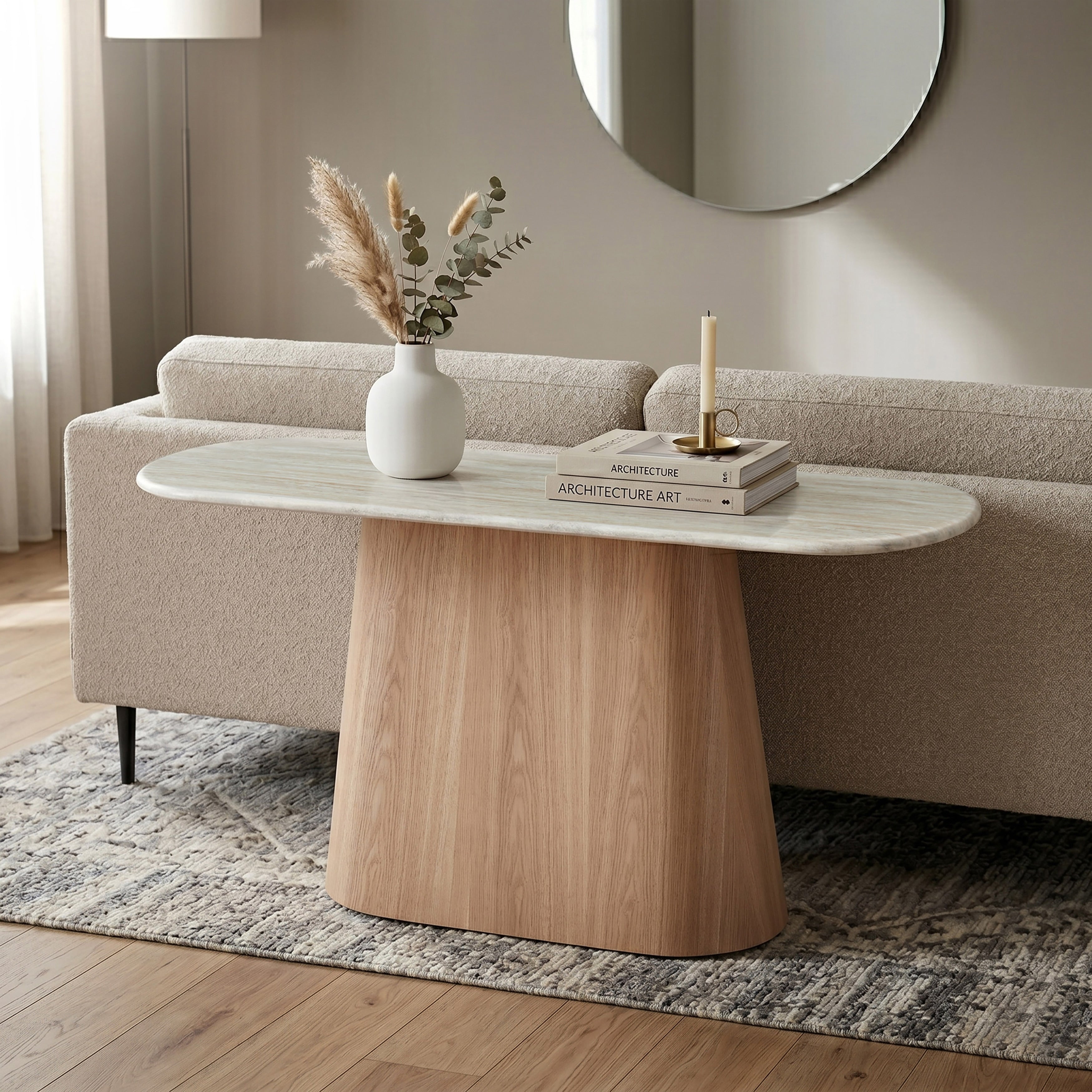 Furniture Of America Yovik Modern Natural Wood Pedestal Base Sofa Table With Sintered Stone Top