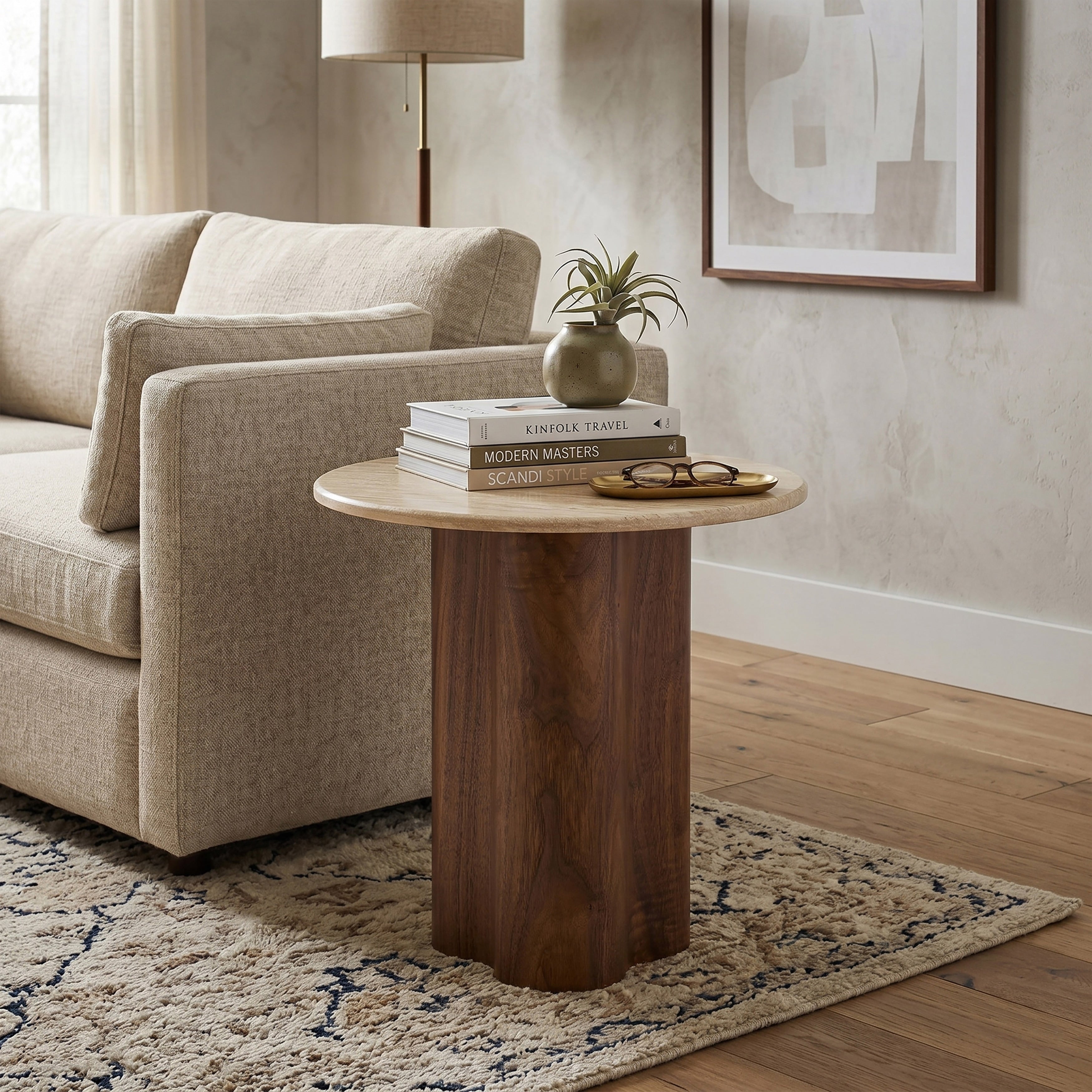 Furniture Of America Yovik Modern Walnut Wood Pedestal Base End Table With Sintered Stone Top