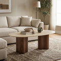 Furniture Of America Yovik Modern Walnut Wood Trestle Base Oval Coffee Table With Sintered Stone Top