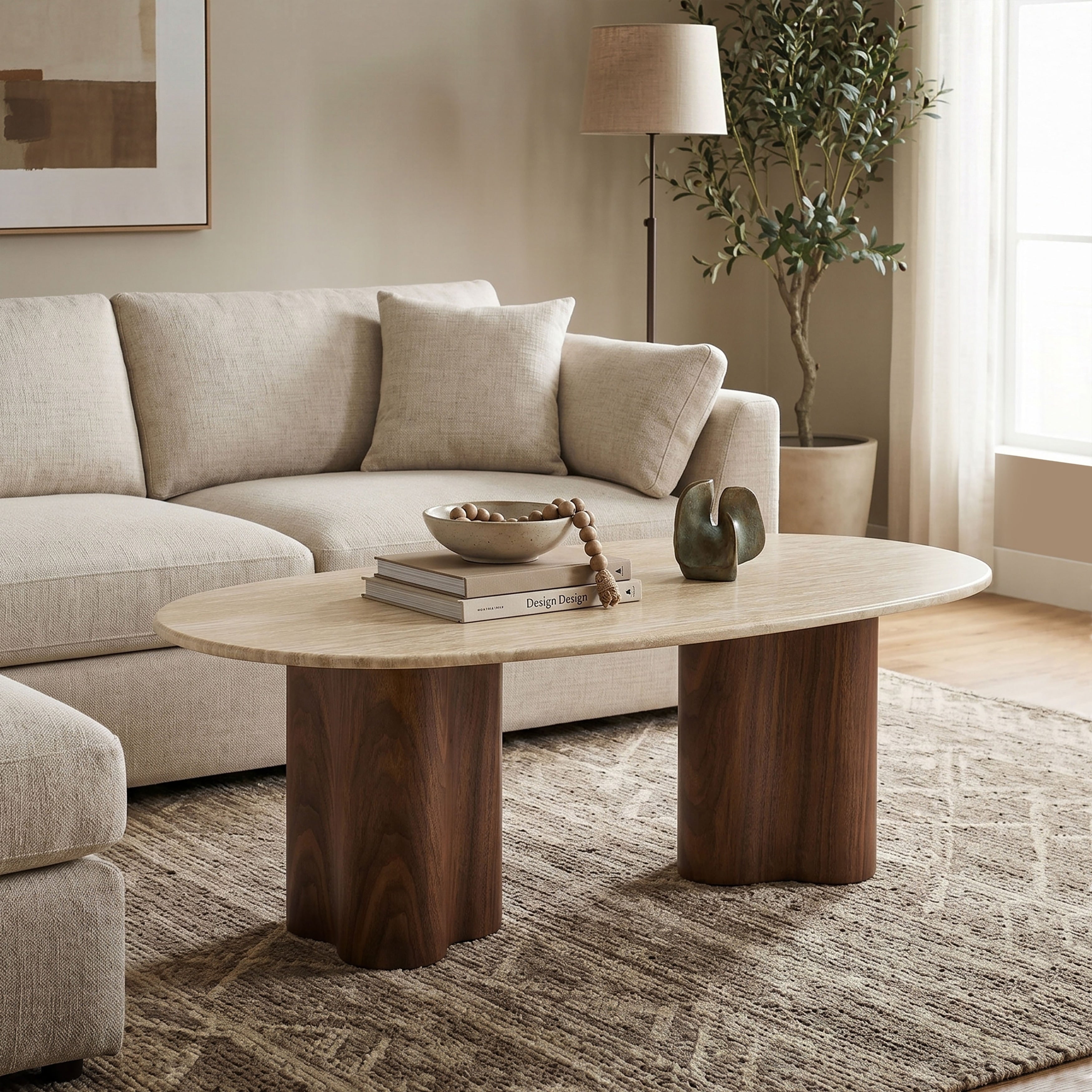 Furniture Of America Yovik Modern Walnut Wood Trestle Base Oval Coffee Table With Sintered Stone Top